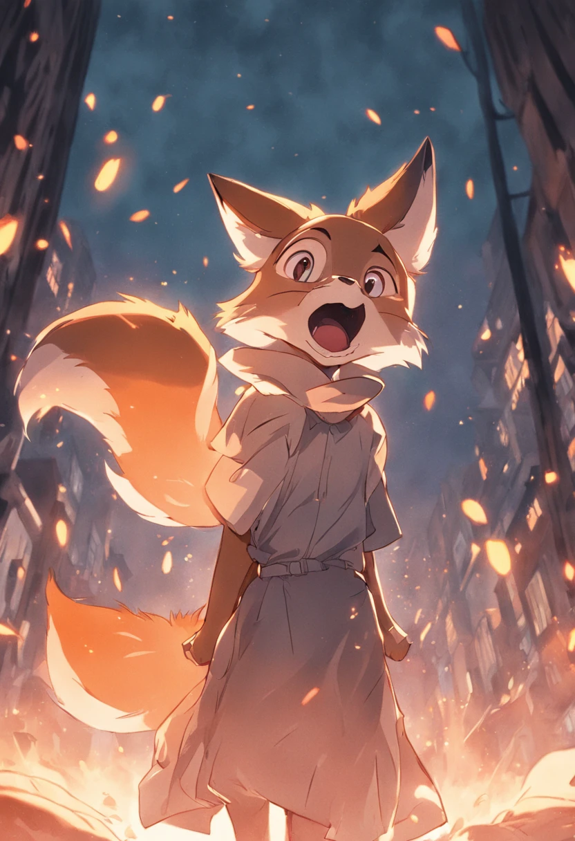 A cartoon fox in a style characteristic of cartoons from the 1930s. The animation is marked by expressive poses, rapid changes of facial expressions and dynamic movements.