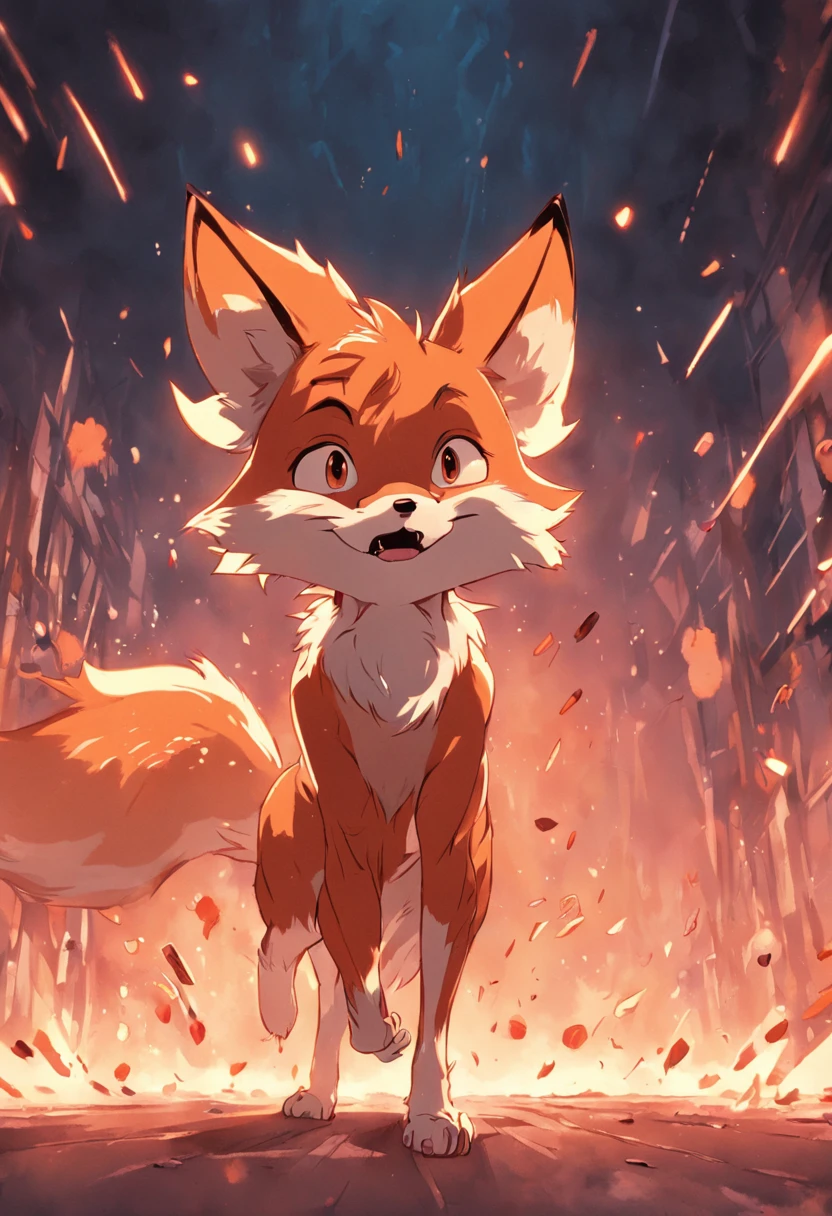 A cartoon fox in a style characteristic of cartoons from the 1930s. The animation is marked by expressive poses, rapid changes of facial expressions and dynamic movements.