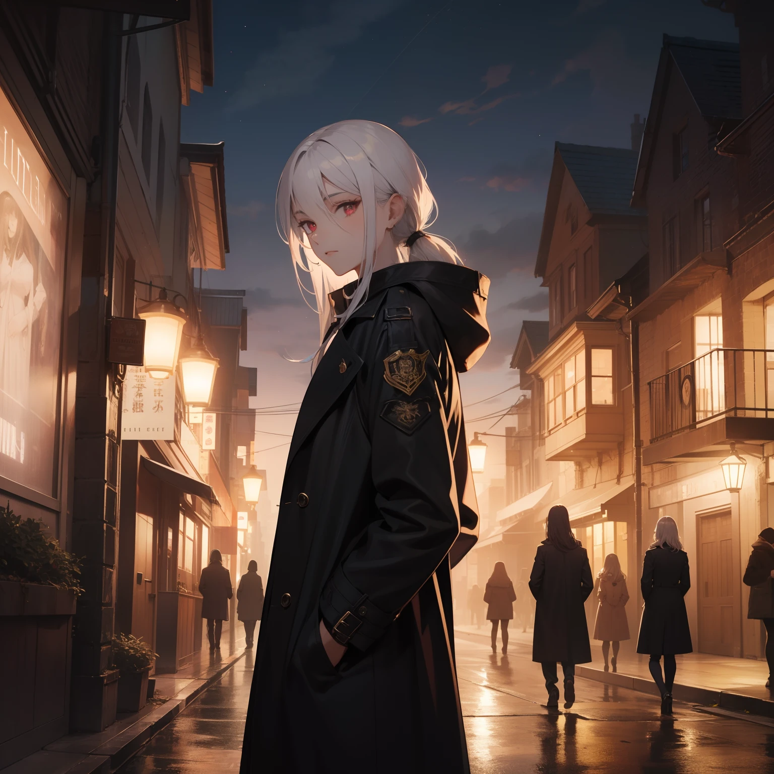 "A tall boy with red pupils, wearing a black trench coat and a formal suit. He has long white hair that reaches his eyebrows, with well-defined lines. The background is set at nighttime, with girls surrounding him."