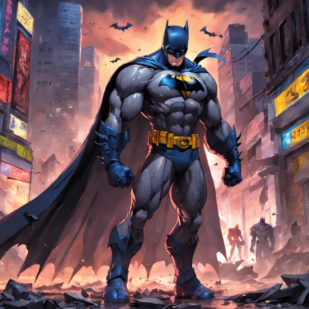 a perfect art of Batman standing on an old, dark street, expression serious, well-defined muscles, Sombra realista, incredible details, perfect hands, Stormy sky in the background. Superman's destroyed suit is lying on the ground in pieces, em frente ao Batman.