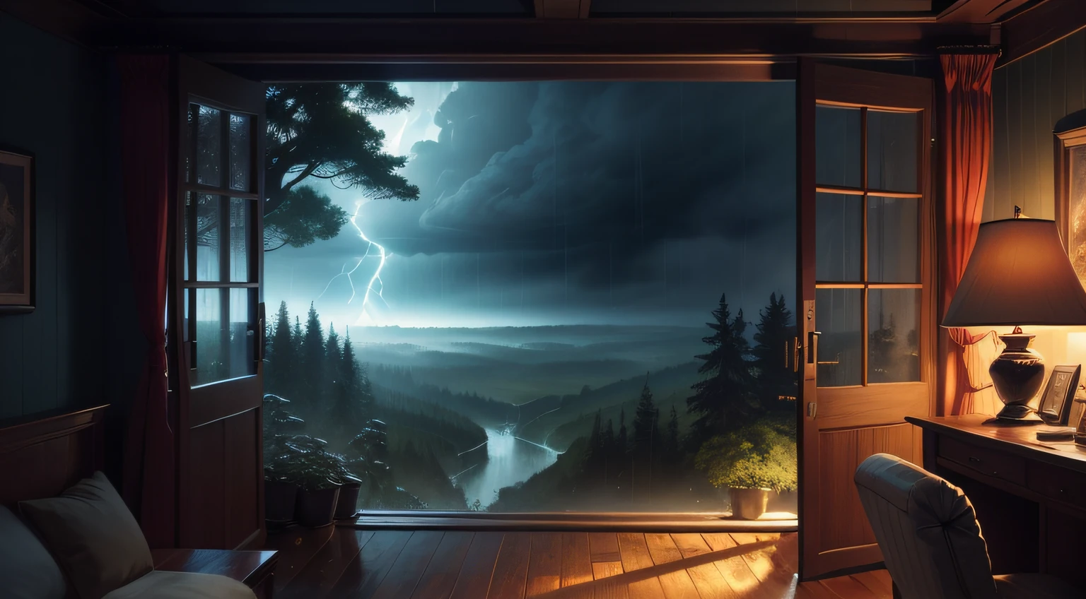 A dreamlike illustration featuring a cozy interior scene, drawn by Adrian Smith, with rain and storm clouds visible outside a window. The scene includes magical forests filled with colorful mushrooms and creatures, and audio waves can be heard in the background. The image is rendered in a warm, colorful style with a focus on contrast and texture
