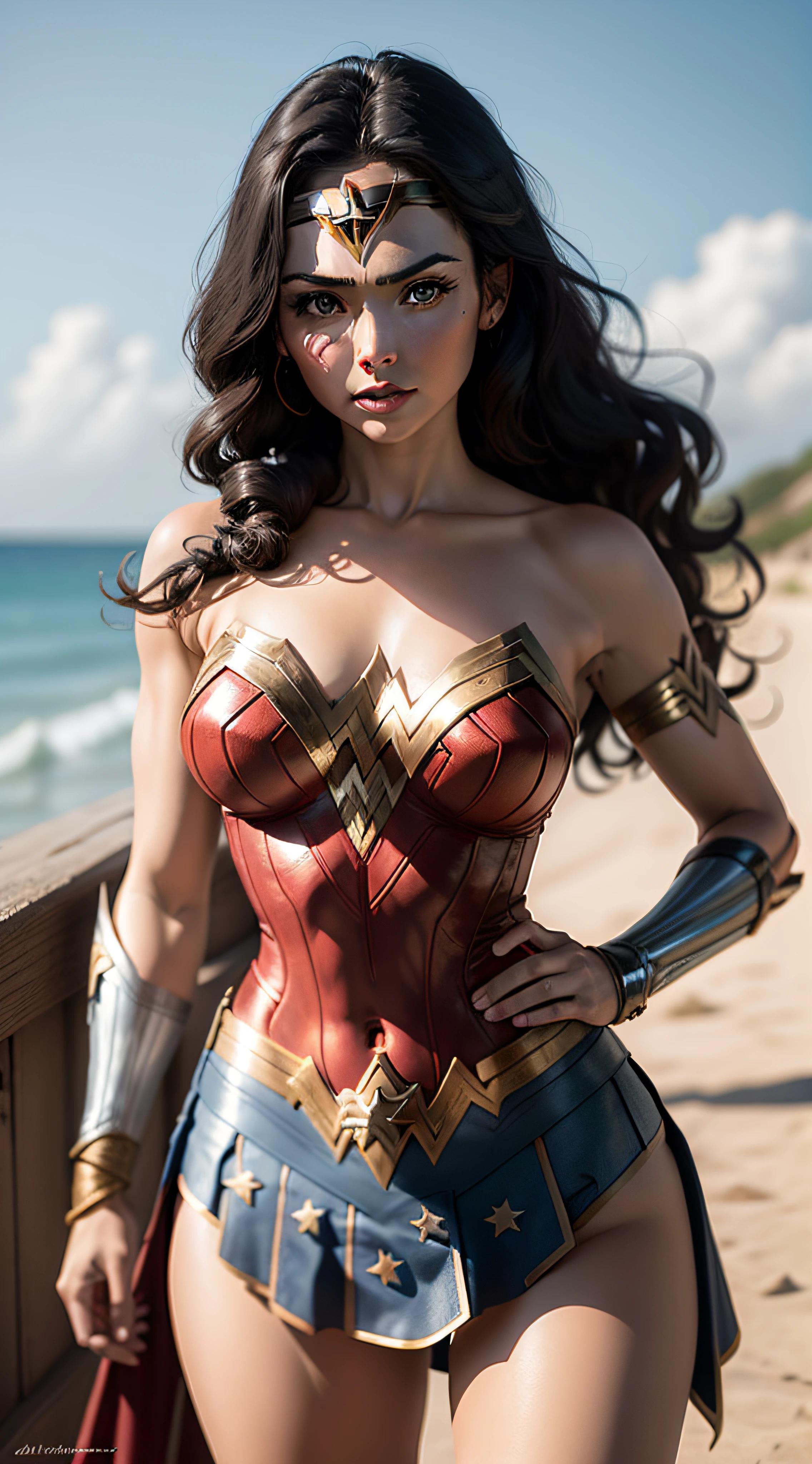 tmasterpiece, best qualtiy, photorealestic, photore, photorealisti, ultra - detailed, Perfect body, Detailed eyes, beuaty girl, wonder women, roleplaying, 1female,aged 40,Huge breasts,Pornographic exposure, 独奏,(Background with:jetty), She has long flowing hair, standing on your feet,Sweat profusely,drenched all over the body,,blue color eyes,frontage,Blue straight hair, curlies,mostly cloudy sky,Wonder Woman uniform(((tmasterpiece),(Very detailed CG unity 8K wallpaper),best qualtiy,cinmatic lighting,detailed back ground,beatiful detailed eyes,Bright pupils,(Very fine and beautiful),(Beautiful and detailed eye description),ultra - detailed,tmasterpiece,)),facing at camera,A high resolution,ultra - detailed),熟妇,mature,revealing breasts,facing at camera,Flushed complexion,Orgasmic face,Pornographic exposure,Protruding underparts,Camel toes,with no underpants,legs are open,frontage,Beautiful sexy full body photo in mini skirt and sewn stockings,((独奏)),At the pier,high-heels,Craving sexual,