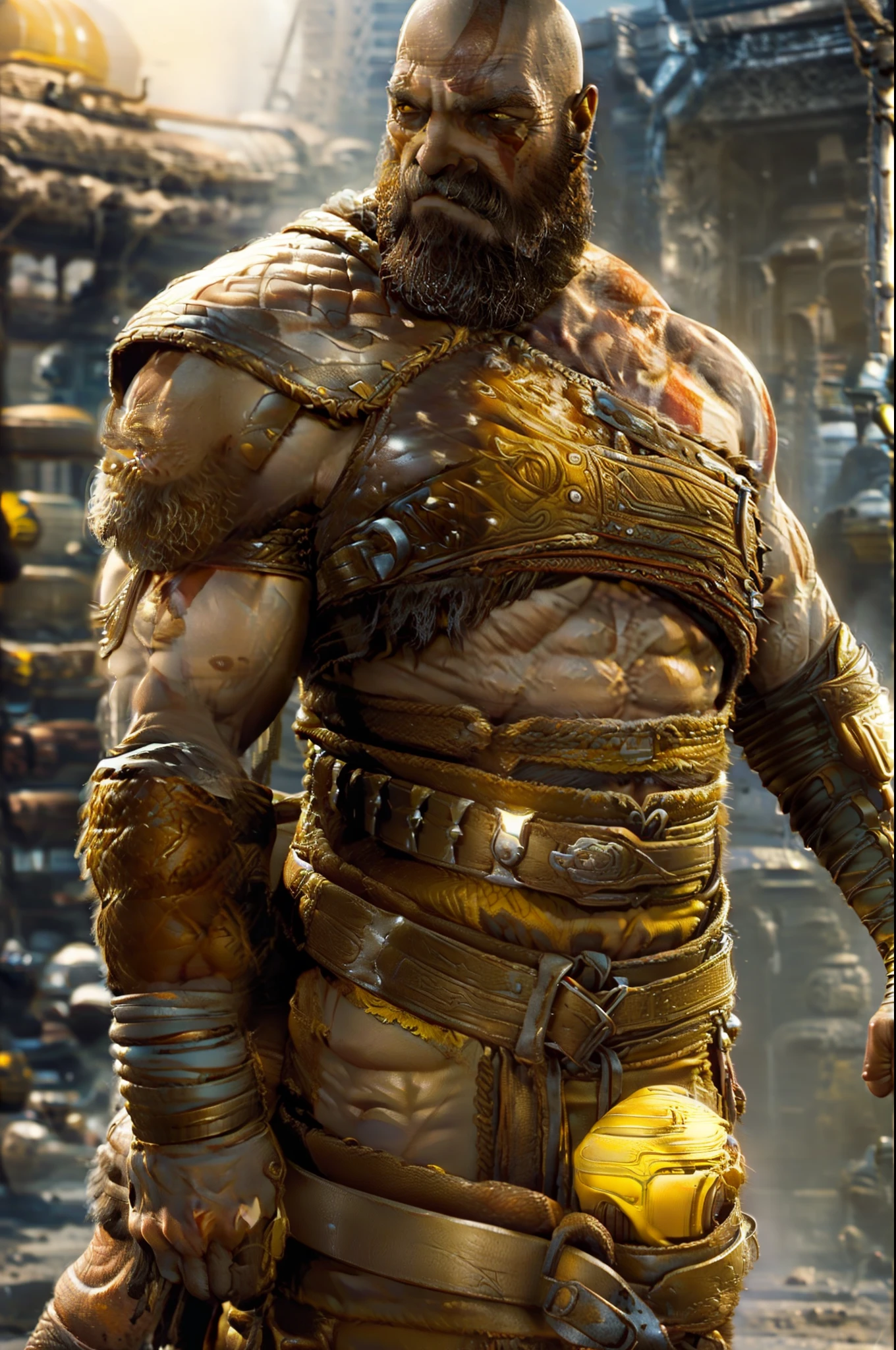 A huge muscular old man walking on construction site he shouldered a heavy iron, he wear safety helmets and wear tank top, (old man (huge muscular, big arm, big chest, big pec, big bicep, extremely detailed muscle, short hair, bearded, yellow hair))