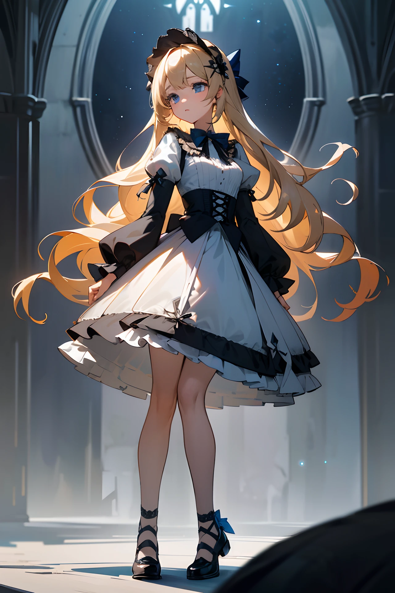 {best quality}, {{masterpiece}}, {highres}, extremely detailed CG, extremely detailed 8K wallpaper, extremely detailed character, {an extremely delicate and beautiful}, portrait, illustration, solo focus, straight-on, dramatic angle, depthoffield, {{cinematiclighting}}, outdoors, {{{character({{{a girl}}}, solo, loli, {{{{full body}}}}, standing, expressionless, [[[light smile]]], cute, beautiful detailed eyes, blue eyes, [long legs], {very_long_hair}, blonde hair, wavy_hair, [shiny hair], {{Gothic_Lolita}}, blue_white skirt, {{short skirt}}, black_Headdress, bowknot, {{{hair ornament}}}, [hair flower], stocking, [[Garter]], Lace, cross-laced footwear, ribbon-trimmed sleeves)}}}, [background(building architecture, {{gothic architecture}}, starry sky, outdoors, church, {castle}, [[fantasy]])]