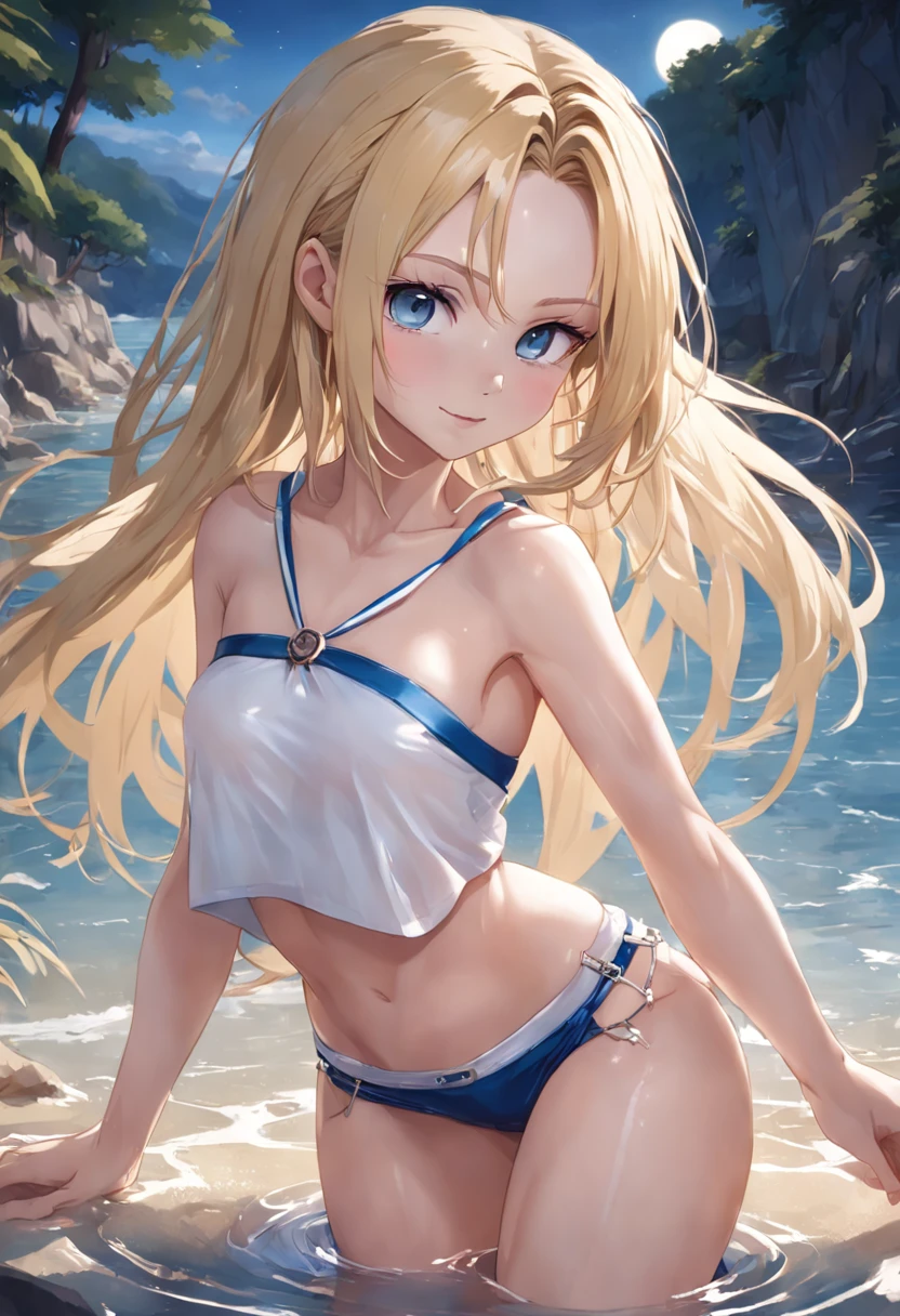 blonde color hair,Long hair that goes down to the waist,Blue pupils,White Skin,best qualtiy,Masterpiece,Girly image,slimfigure,Sweet smile,White Moon,lake scene,elegant white microbikini,tranquility and tranquility,the night, realistic photo, top-quality, a sailor suit, Ultra mini skirt, low rise skirt, White shorts, Beautiful belly button, Beautiful facial features, Hi-Res, and18, 1 girl, Android 18, 独奏, blonde hair, blue eyess, long hair, jewely, flat chest, cowboy shot, off shoulders, Sunset, Masterpiece, ultra-realistic image quality, best quality, realistic, hyper-detailed, dynamic lighting, high resolution, sharp focus, depth of field, fine details, high details, high quality shadows, beautiful details, ultra HD rendering, accurate, textured skin, high details, high quality, very detailed, high resolution, 8k, photo, photography, real person, a young girl, slim, soft body, Belly button, cute-elegant pose, slightly twisted, gently smiling, (shiny, sweaty skin: 1.4), slim body:1.5, (slim beautiful thigh:1.5), long elegant legs, looking at the viewer, naked flat stomach, belly-bare, white sneakers, (very tight white translucent microbikini: 1.7), ((transparent clothing)), long hair, blonde hair, (green eyes: 0.5), (eyes with fine details), (small flat breasts: 1.5), A-cup, slit in the crotch, wet body, shy face, HD picture quality, realistic picture quality, clean face, fair skin, slender legs, realistic face, (perfect face), exquisite face, (8K:1.2), solo, high-quality shadow, beautifully detailed, outdoor, day, sky, cloud, sunlight, full body, outdoor, day, nautical background, blue sky, very small chest, (small flat breasts: 1.5), A-cup, slit in the crotch, wet body, (very tight white translucent microbikini: 1.7), ((transparent clothes))