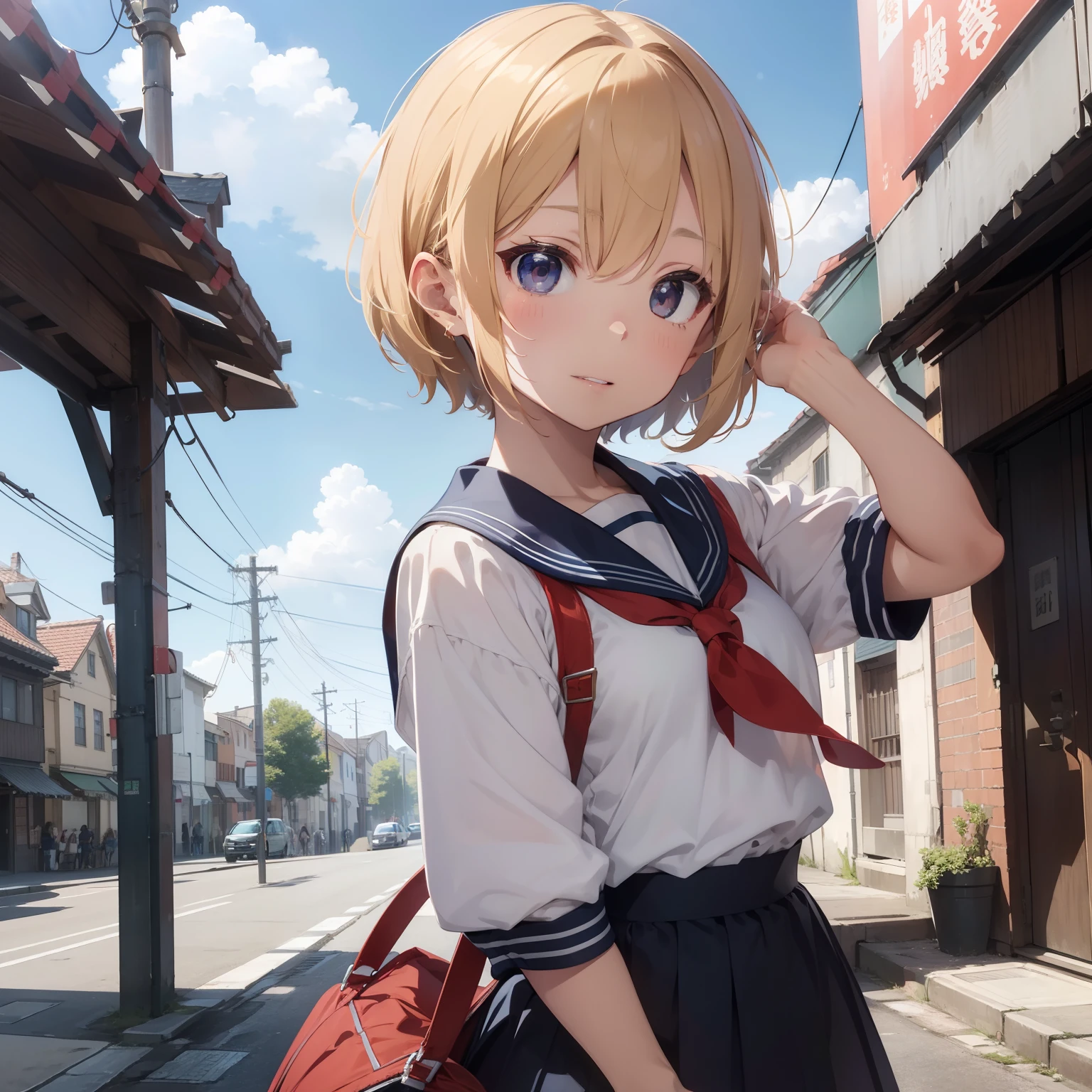 ​masterpiece、high-level image quality、realisitic、Showwork、a blonde girl、short-hair、Boyish and lively impression、The corners of the mouth are raised and bowing、a sailor suit、校服、Fantastic background、A world dyed in red、