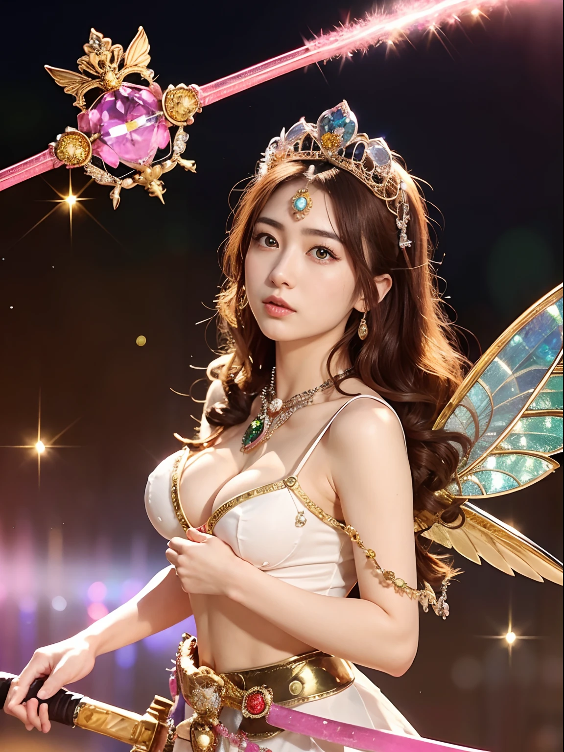 (masutepiece), Professional , masterpiece、top-quality、photos realistic , depth of fields (Gemstone White Metal Body:1.9),(Matte White Pink、Jewel Gold Weapon、(Gorgeous castle background)、(ultimate beauty girl)、(Rainbow fairy wings grow)、Particles of light、(Metal body of iridescent gemstones:1.9),Gorgeous Jewel Metal Weapons ,(maikurobikini)、 Detailed Sword of the Brave ,( Pink hair) ,warhammer 40k , adepta sororitas,Detail and ornate jewel crown、独奏、Brown hair、Mystical expression、cleavage of the breast、(Gangle's forest background)、Beautiful Caucasian beauty、1a person、dynamic ungle,(((Diamond tiara with detail and luxury)))、a small face、Powerful poses、(Gorgeous castle background)、huge filesize、20 year old beautiful woman、Stand in the center of the screen、Thin female fingers、Straight long hair、Beautiful Caucasian beauty、(maikurobikini)、Hair fluttering in the wind、face forwards、Look at viewers、(Armpit)、Armpit、