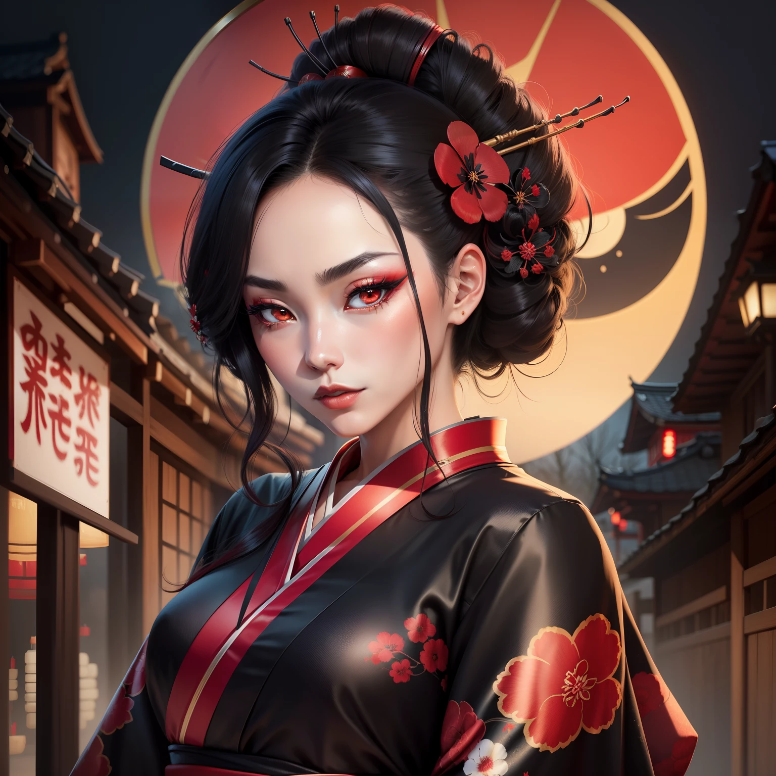 Attractive Geisha, Portez un kimono noir, cheveux noirs, Lune rouge, Teint brun, Fleur de cerisier sur les cheveux, 4K, yeux en amande, large lip, logo