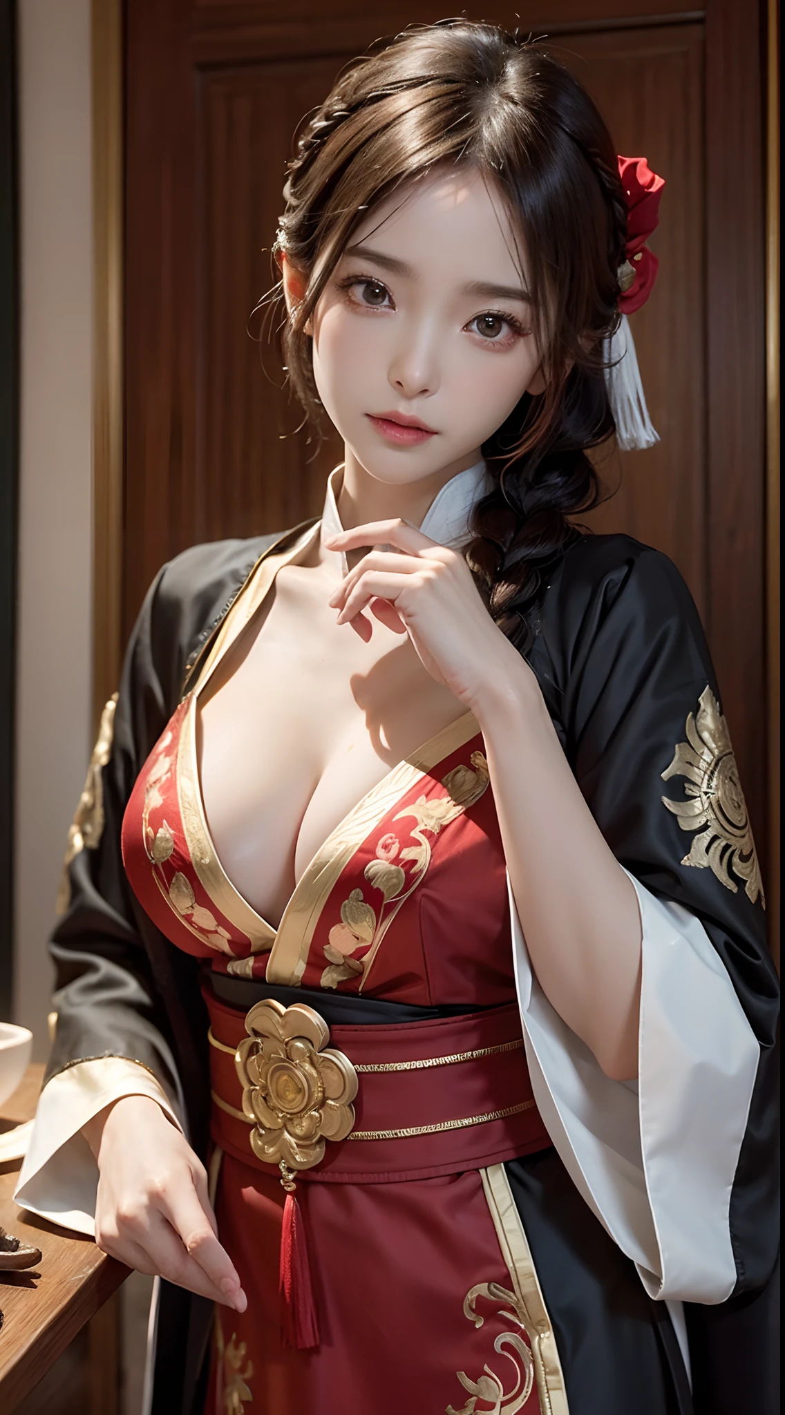 ((8K,RAW photos,top Quority,tmasterpiece)(realisticlying,realisticlying:1.37),(HighestQuali),(Best shadow),(Most Best Illustration),鎖骨((The large)),((,Raised sexy,超高分辨率,HD CG unified 8K wallpapers,physically-based renderingt,cinmatic lighting),(aegyo sal:1),18 years old girls,Need,tmasterpiece,whaite hair,Golden eyes,Hairline,Fair skin,SideBraid,1 sexy girl, taking a shower, beauitful face, adorable eyes, huge tit,busty figure,Red and black color scheme Chinese Hanfu,fine embroidery,Put your hands behind you,tmasterpiece,16k,Ray traching,NVIDIA RTX,Hyper-Resolution,Unreal 5,Subsurface scattering、PBR Texture,Anisotropy Filtering,depth of fields,MAXIMUM DEFINITION,Many-Layer Textures,Albedo e mapas Speculares,Surface coloring,Accurate simulation of light-material interactions,perfectly proportions,Two-colored light,largeaperture,Low ISO,White balance,the rule of thirds