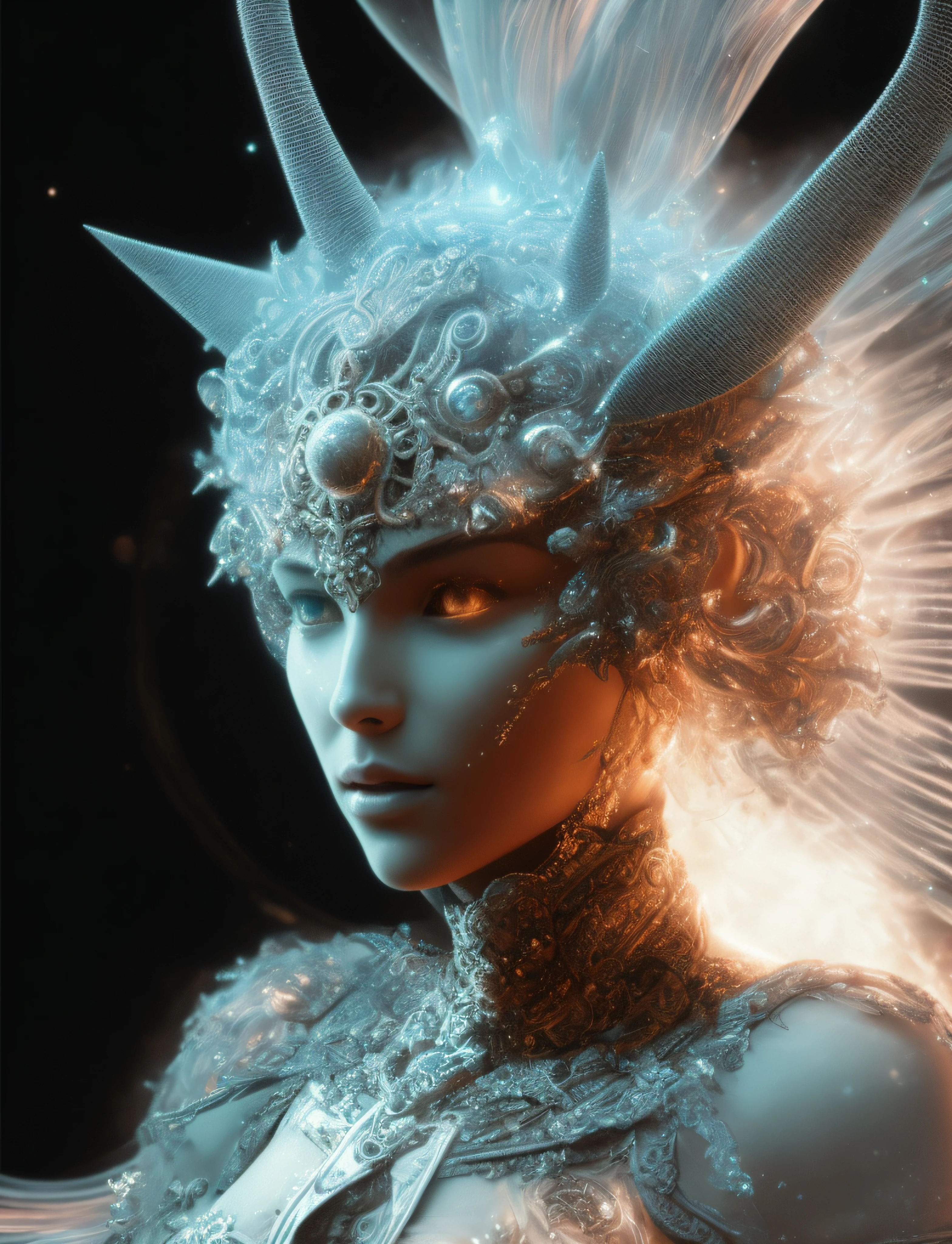 Algorithmically enhanced random close-up view of a sublime female Goddess covered in powerful Ultra Arcane magic sigils wearing an intricate living lightning fractal crown and lavishly adorned attire reflecting tactical sun-motes and diamond moon shards, quasi-cosmic vortex sub-model, bright nebulae in the background, 7th-Sphere characterized, golden ratio-ed, inner bio-illuminated geometry, starkest contrast,flagrantly fibonacci formulated, dynamic bi-lateral asymmetry, super-critically unique, quantum feedback algorithm frenzy, hyper-realistic, post singularity AI imperative, ironically staggered data set, active 3D shading, lighting and focus, random 3D particle effects, rule of thirds, Unreal Engine 10, art station, Maximum Level of detail, concept art, art nouveau, 8k, Iridescent Primalight, Hawking radiation collector with lucidity crystallizer and grade A temporal accumulator, spontaneous Kozyrev Mirror refraction, cosmic ray visionary, innate Jail Break Protocol