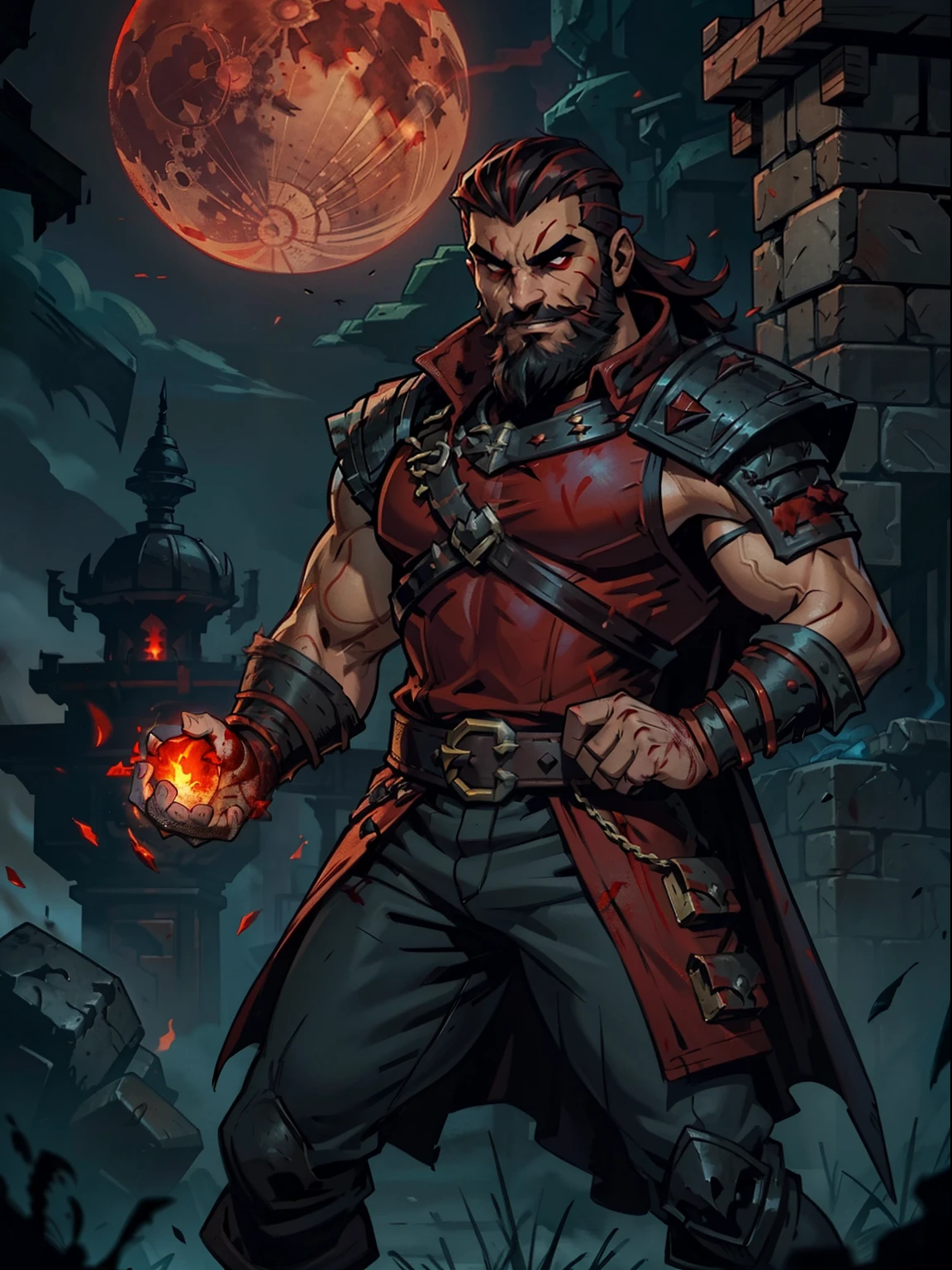 Blood moon background, Darkest Dungeon style, casting fire. Sadurang from Marvel, hunk, buffed physics, short mane hair, mullet, defined face, detailed eyes, short beard, glowing red eyes, dark hair, wily smile, badass, dangerous. Wearing big green classy overcoat, underarmor, cargo pants