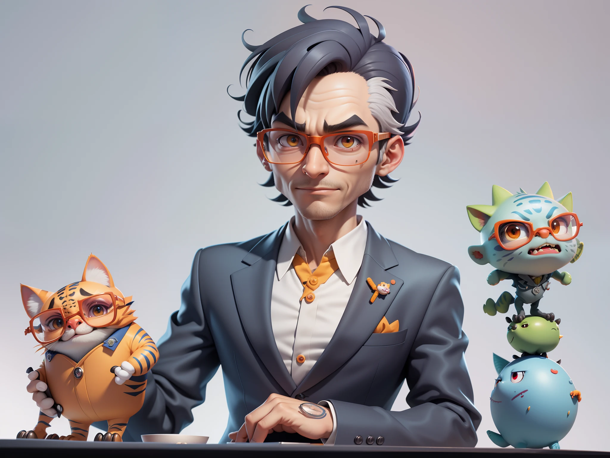 A young man in a suit, Short hair and glasses sat at his desk，holding laptop，digitial painting，tigre，3D character design by Mark Clairen and Pixar and Hayao Miyazaki and Akira Toriyama，4K HD illustration，Very detailed facial features and cartoon-style visuals。