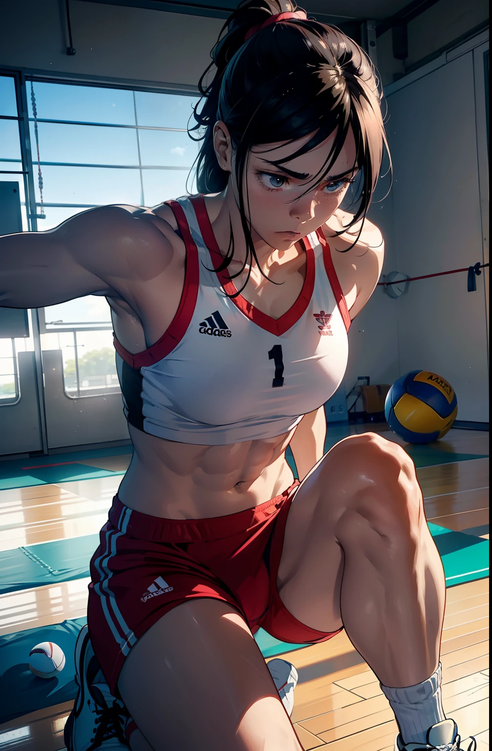 "Por favor, Create an image that captures the essence of a volleyball athlete's physical preparation. A cena deve retratar o jogador em um ambiente de treinamento, with an emphasis on exercises that emphasize your agility, Strength and endurance. The expression of focus and determination on the athlete's face should convey the seriousness of the training as he prepares to face the challenges of the court." 8k,16k pulando corda