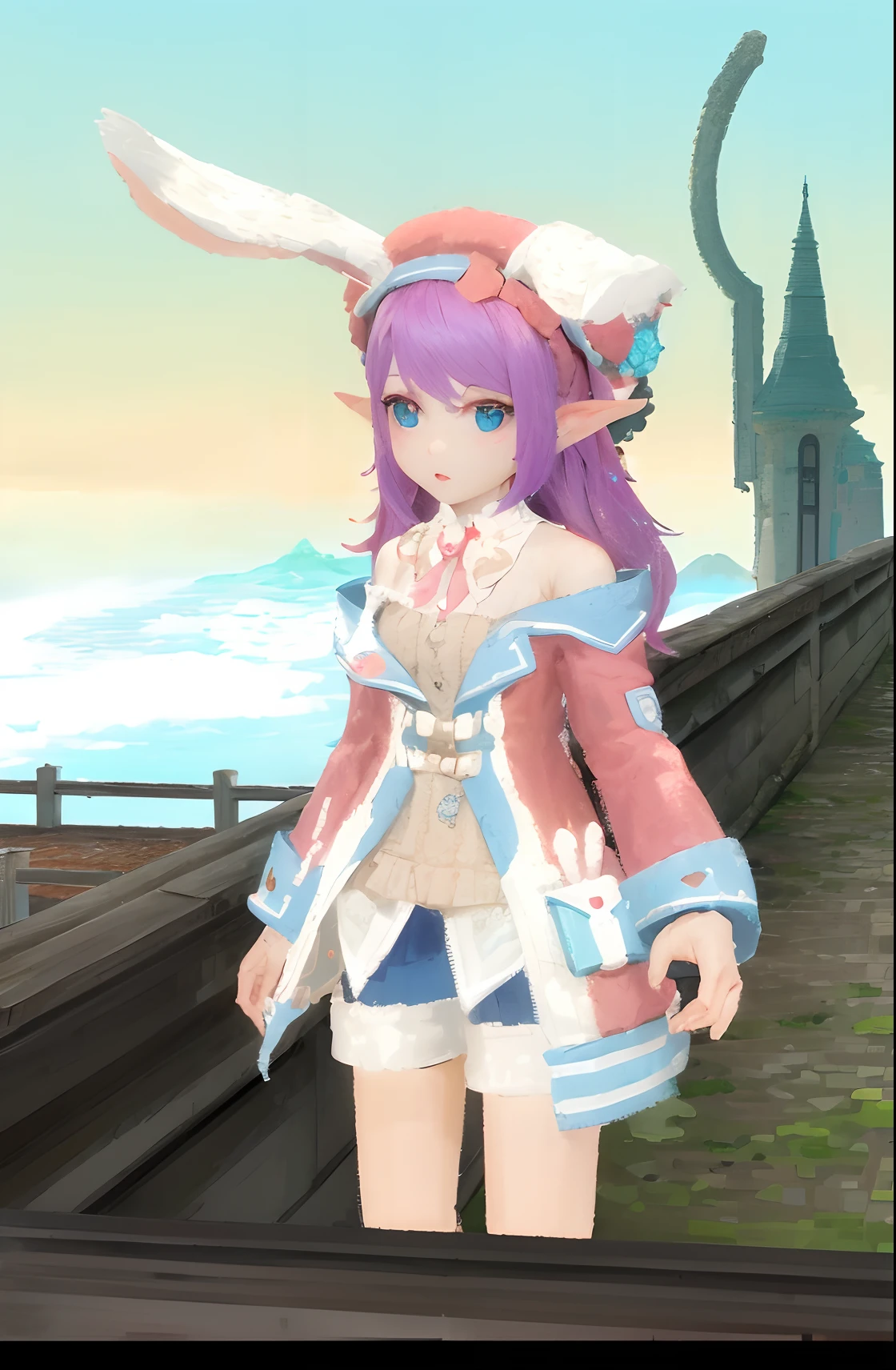 anime girl with rabbit ears and a pink coat standing on a bridge, jrpg fashion, jrpg character, art style of rune factory 5, rune factory 5, cotton cloud mage robes, rabbt_character, gear aurora, main character, elf girl wearing an flower suit, lalafell, pink twintail hair and cyan eyes, cloth sim, cute character