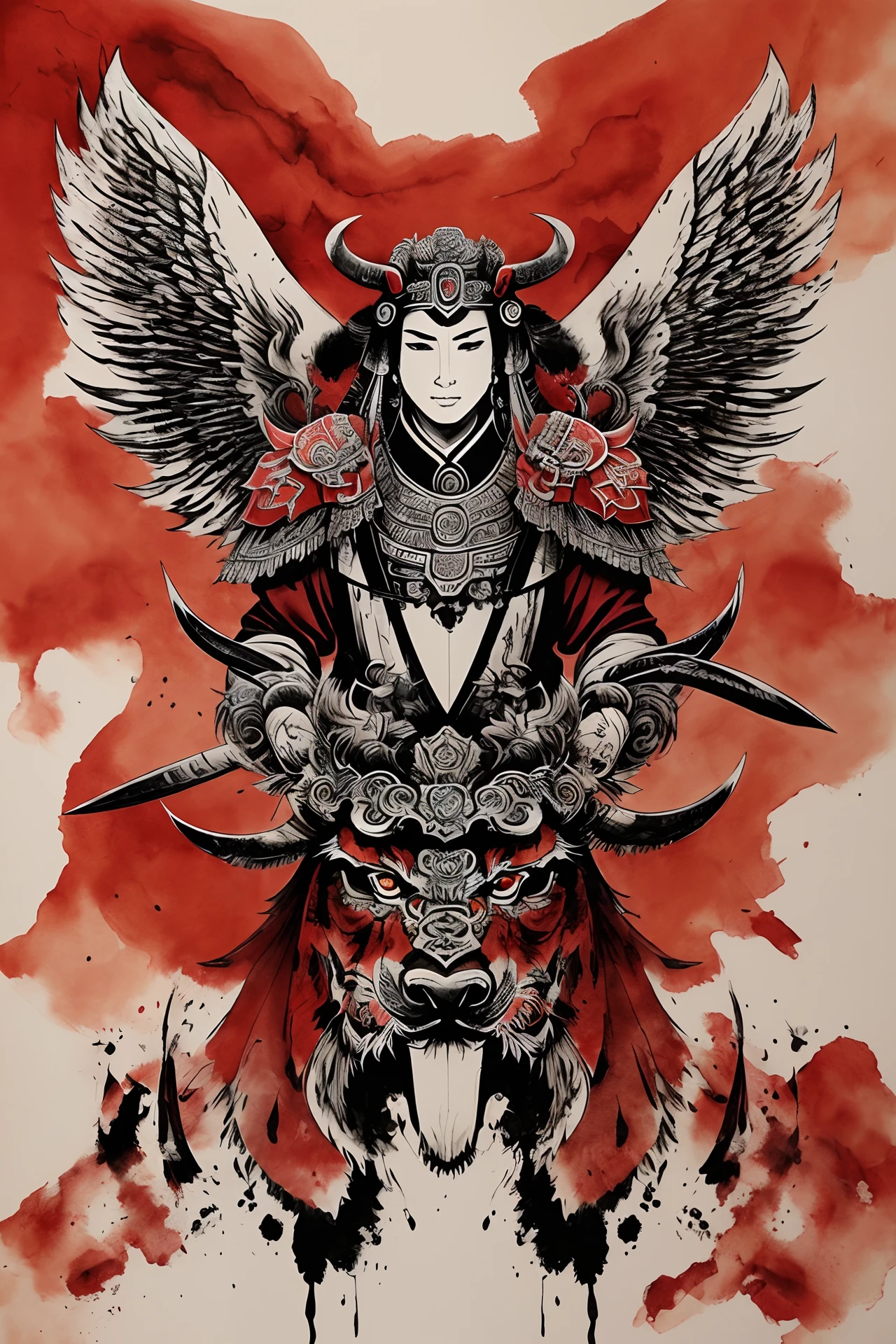 ((Masterpiece)),Best quality, ((illustration)),Original, extremelydetailedwallpaper,(((beijing opera))), (Sketch),((wash painting)),((ink spatter)),((((Dyeing)))),((Chinese painting)),((beijing opera))), (Sketch),(wash painting),(ink spatter),Dyeing,((Chinese painting)), ((Fabulous ferocious animal)),{{anthro bull}},{{ Long horns}},{{There are wings on the back}},(Red and black wings),(Solo),Mountain,Big and strong,The demons,tyrannical