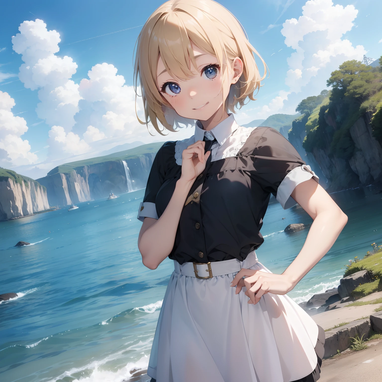 masterpiece、high-level image quality、realisitic、Showwork、a blonde girl、short-hair、Boyish and lively impression、Cute smile、Stylish dress with short sleeves、A space with fantastic scenery