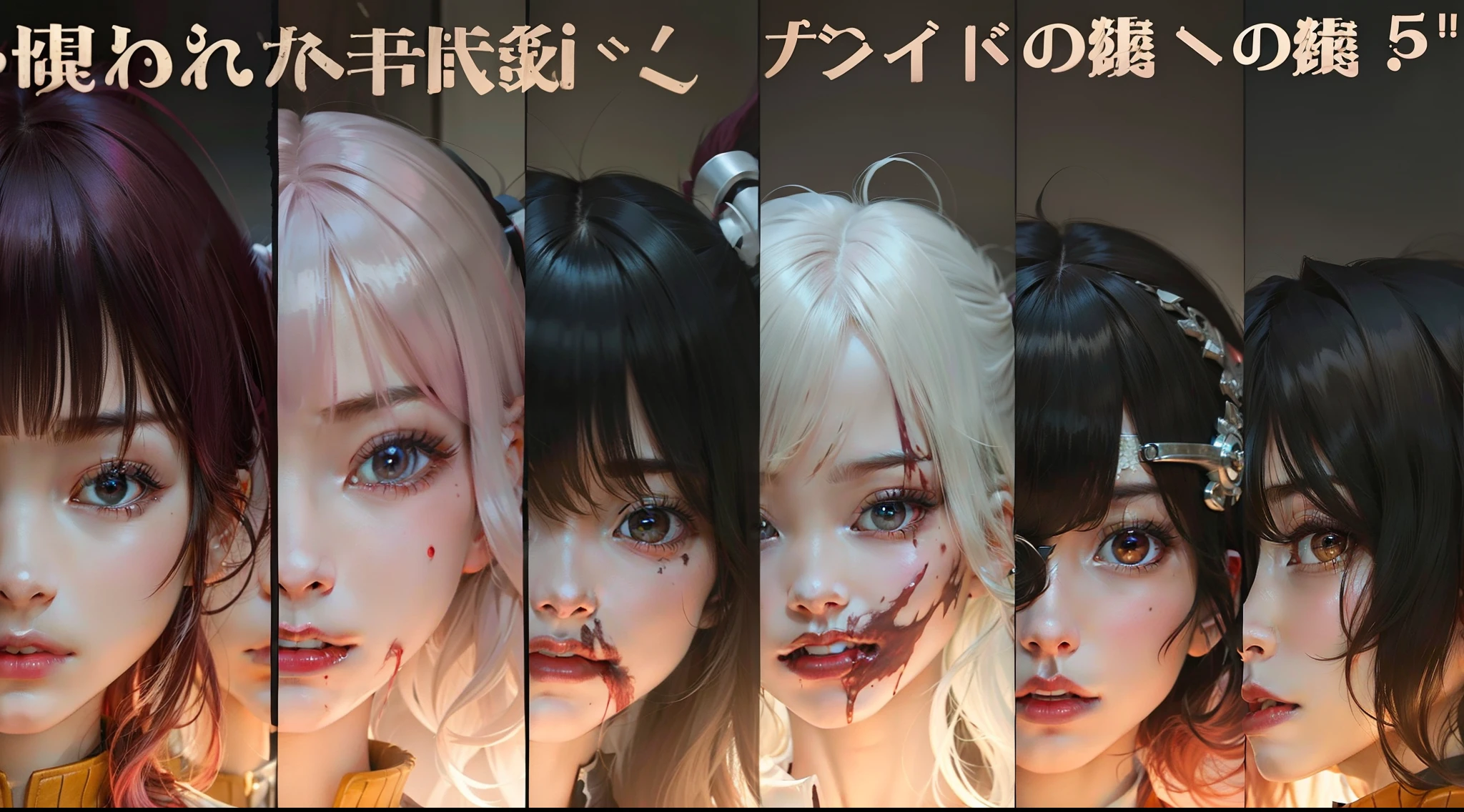 6 girls, .girl 1 has her hair tied up and is magenta in color with bangs and her face is bleeding, her expression is serious, wearing a demon Slayer corps uniform,.girl 2 has pink hair with side-swept bangs like in the picture, her face is serious and bloody, wears a demon Slayer corps uniform, .girl 3 her eyes are slightly covered by her bangs, her hair color is black, she has a screaming face, her face is bleeding, she is wearing a demon slayer corps uniform, .girl 4 has white hair and bangs that slightly cover her eyes, is seen wearing a white blazer, wearing cracked glasses and her face is bleeding, .girl 5 has bangs and hair as drawn, she has a screaming and serious face and a bleeding face, she wears a demon slayer corps uniform, .girl 6 or the far right has black hair that covers her face with a few strands, her eyes are visible, has a serious face and her face is full of blood, she wears a demon Slayer corps uniform. the six girls only show half of their faces, face close up lens, ultra detail.