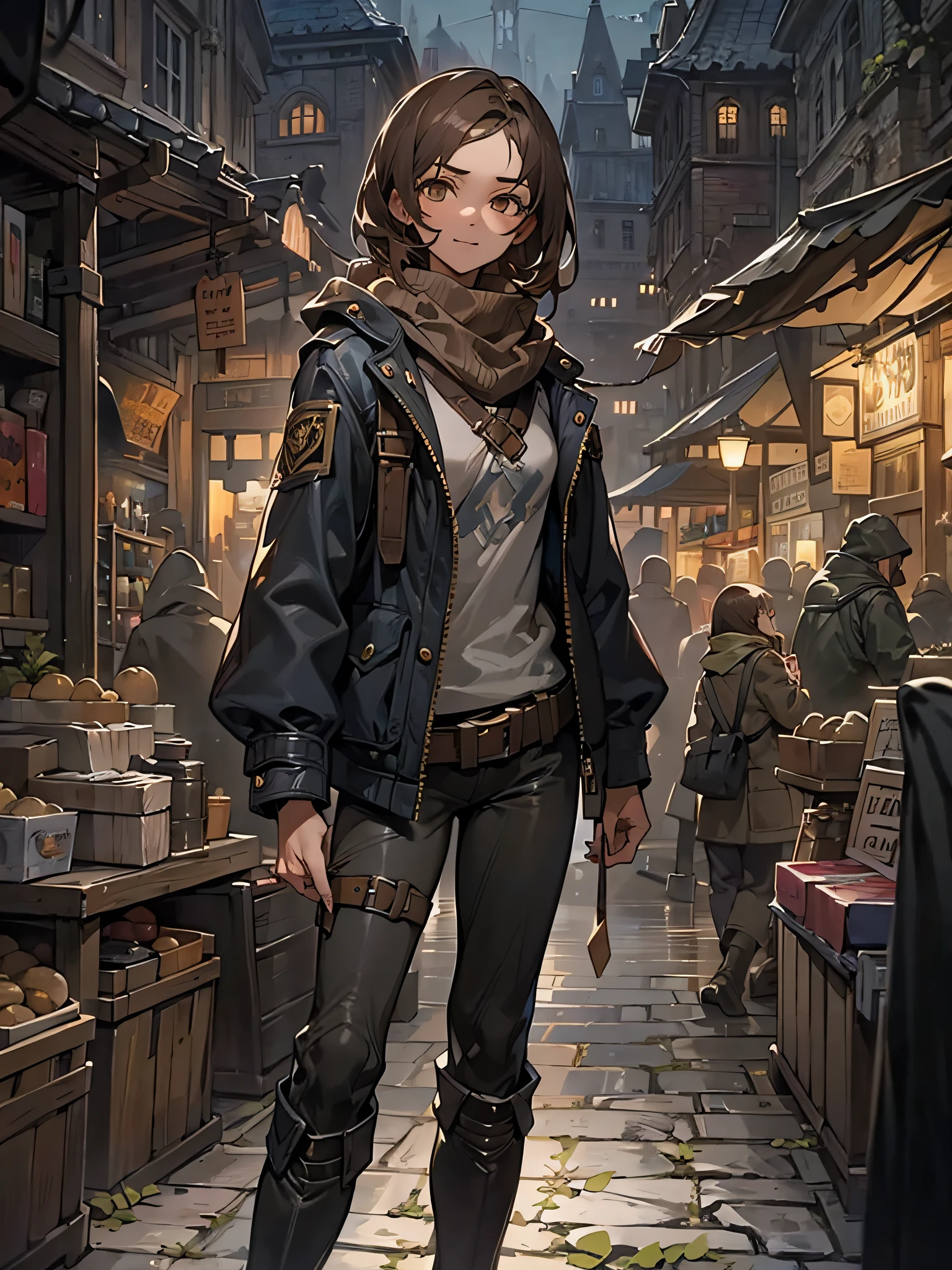 (masterpiece:1.2, best quality), "A slightly short teenage girl, short shoulder lenght brown hair and brown eyes, fantasy style, slightly malnourished thief, small smile , thin, baggy pants, boots, long jacket, jacket covers her, thief, black clothes, masterpiece, utility belt, marketplace background"