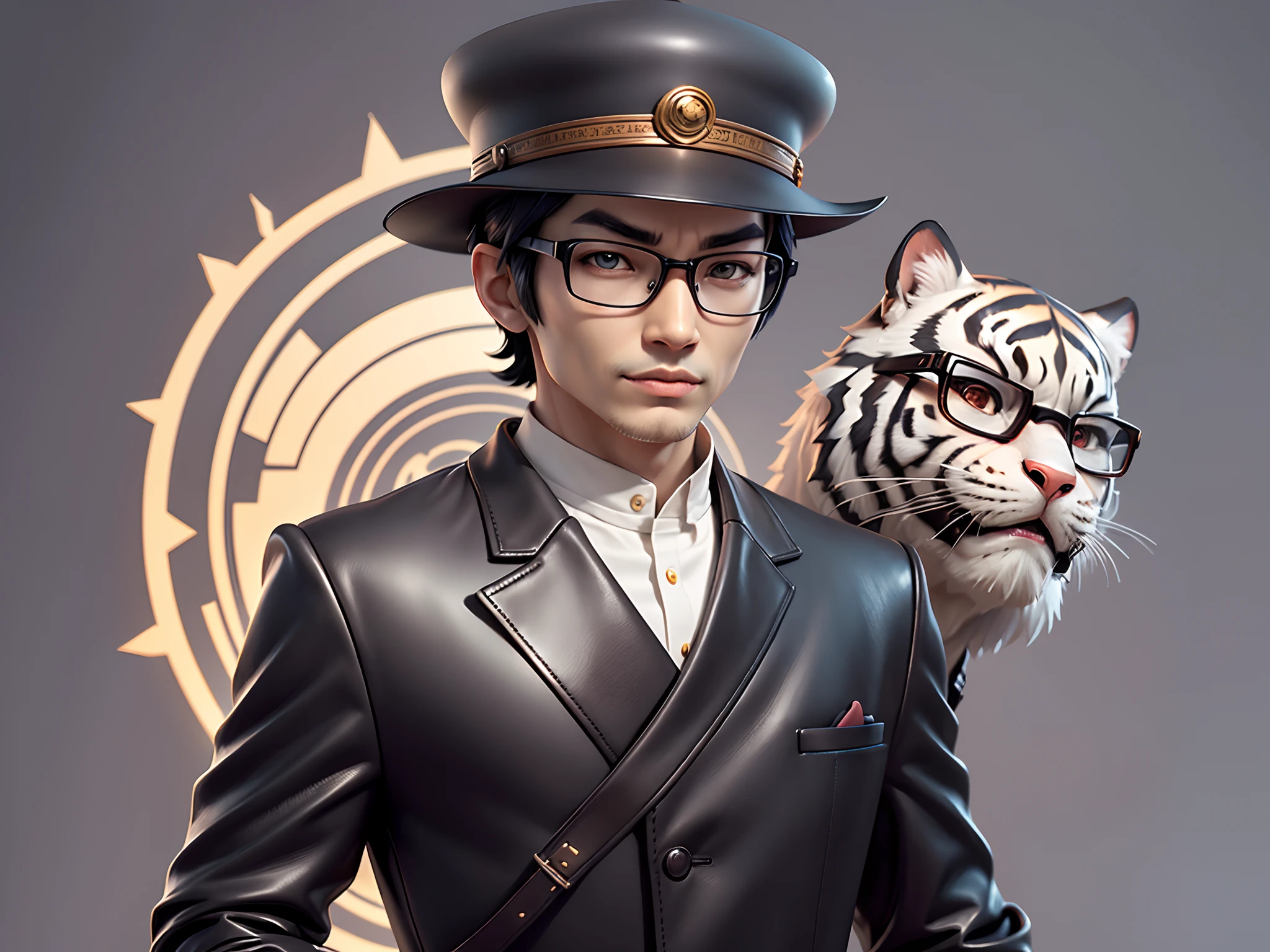 Young man with oriental face in leather hat, tiger, oriental face in formal suit, short black hair, silver glasses, digital painting, 3D character design by Mark Clairedon and Pixar and Hayao Miyazaki and Akira Toriyama, the illustration is a high-definition illustration in 4K resolution with very detailed facial features and cartoon-style visuals.