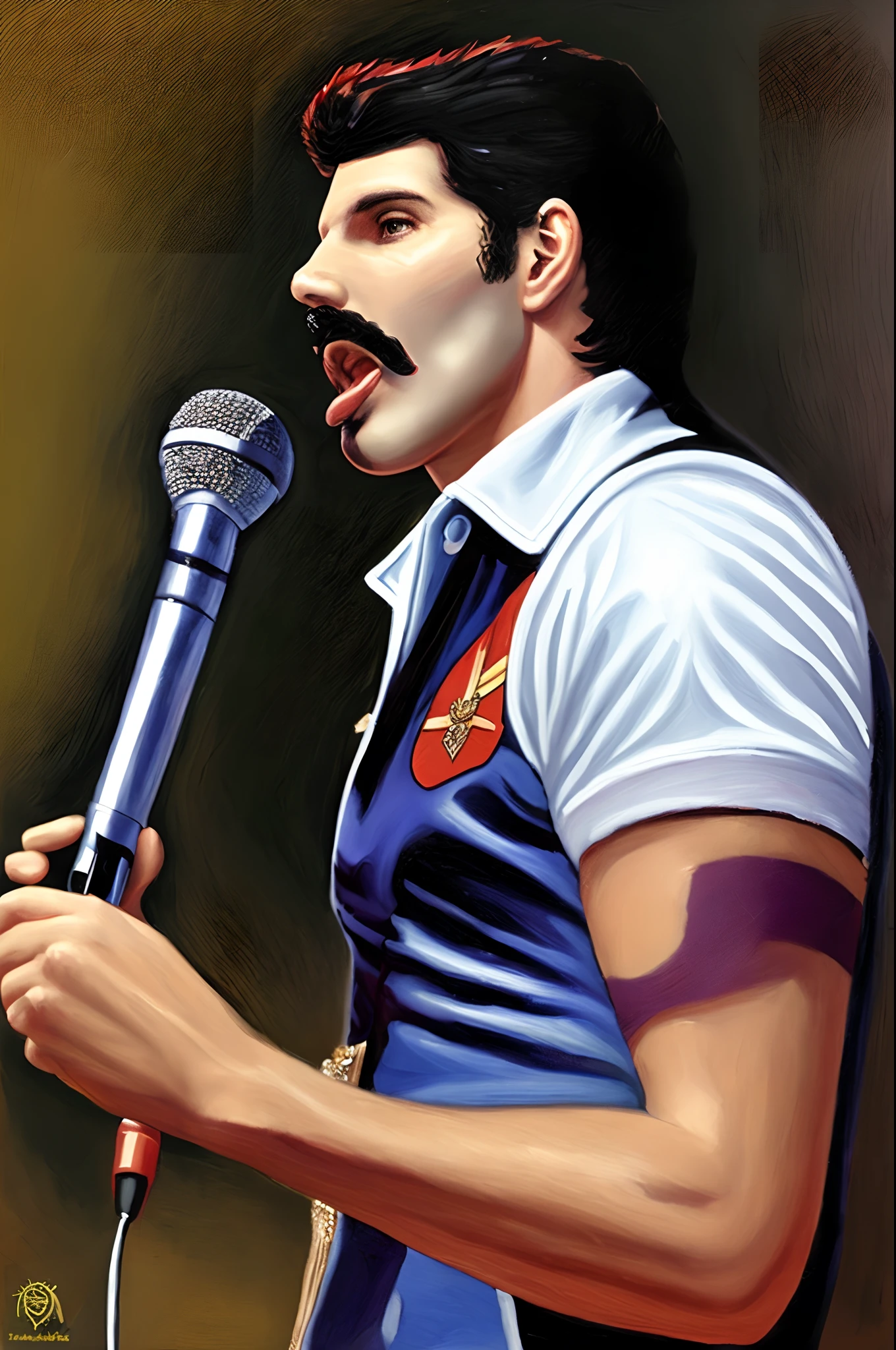 Fred mercury, pintura, cantando com seu microfone