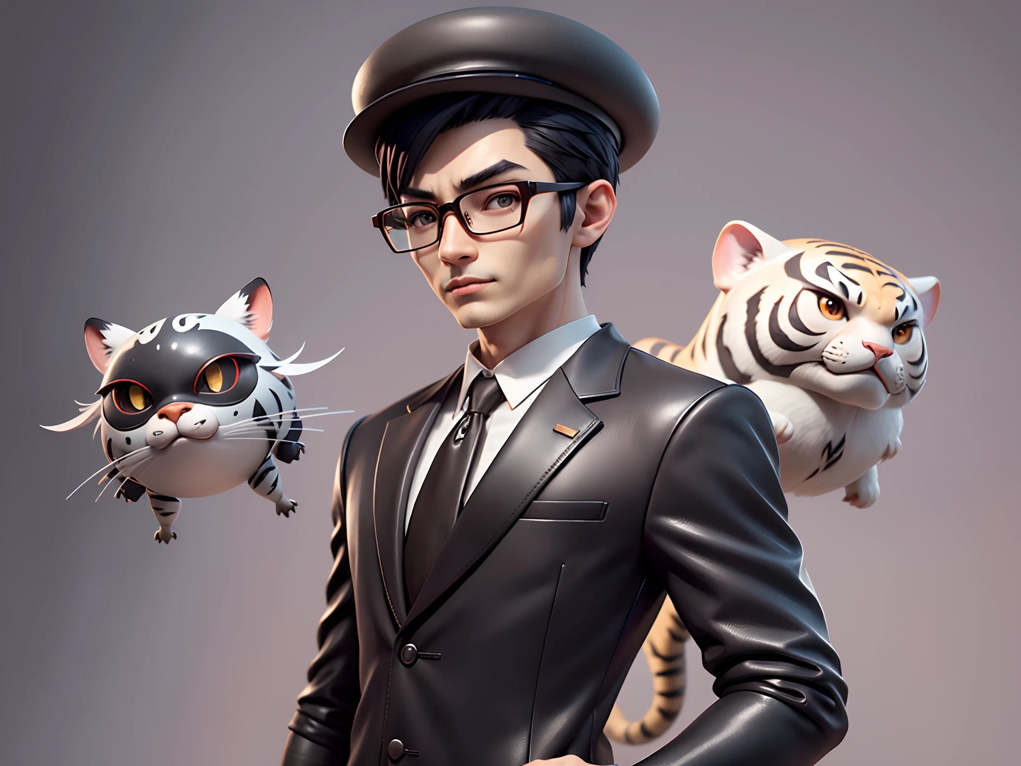 Young man with oriental face in leather hat, tiger, oriental face in formal suit, short black hair, silver glasses, digital painting, 3D character design by Mark Clairedon and Pixar and Hayao Miyazaki and Akira Toriyama, the illustration is a high-definition illustration in 4K resolution with very detailed facial features and cartoon-style visuals.