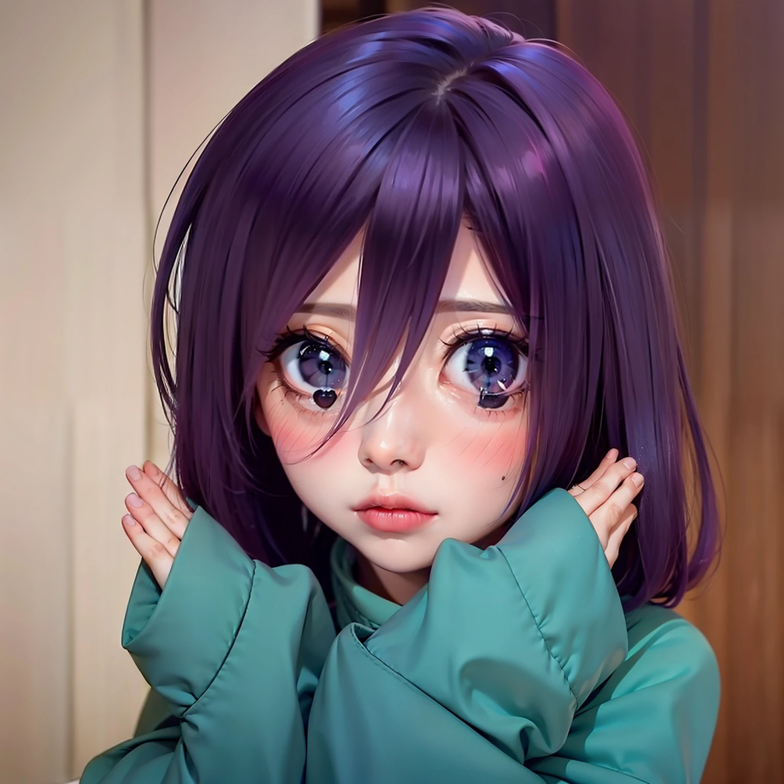 1girl, cabelo roxo escuro, olhos magenta, blush bochechas envergonhadas, Tosca Capuz, Both hands folded