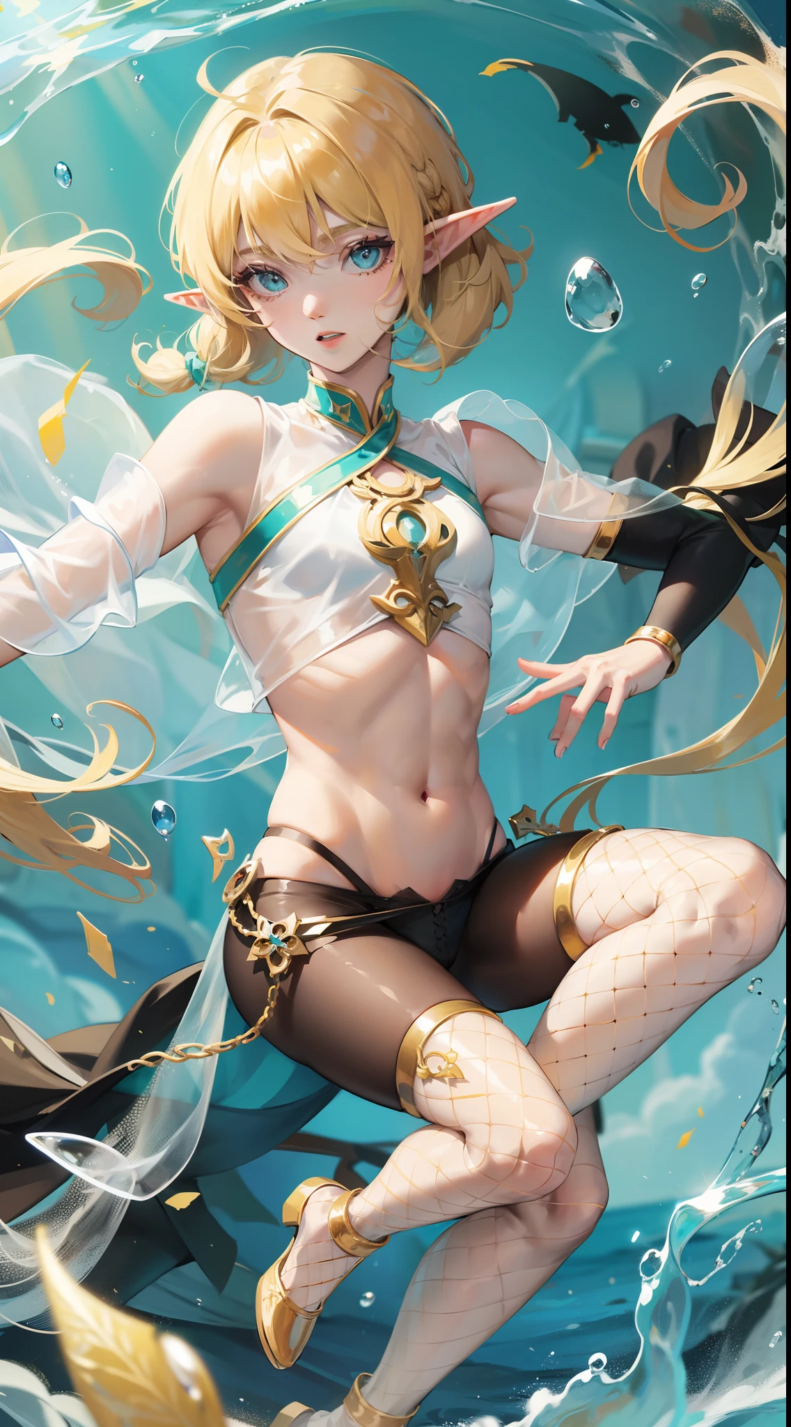 young boy, longue blonde hair, elf ears, turquoise eyes, Yellow in the upper right corner, short, Transparent, open belly, fishnet tights, Masterpiece, hiquality