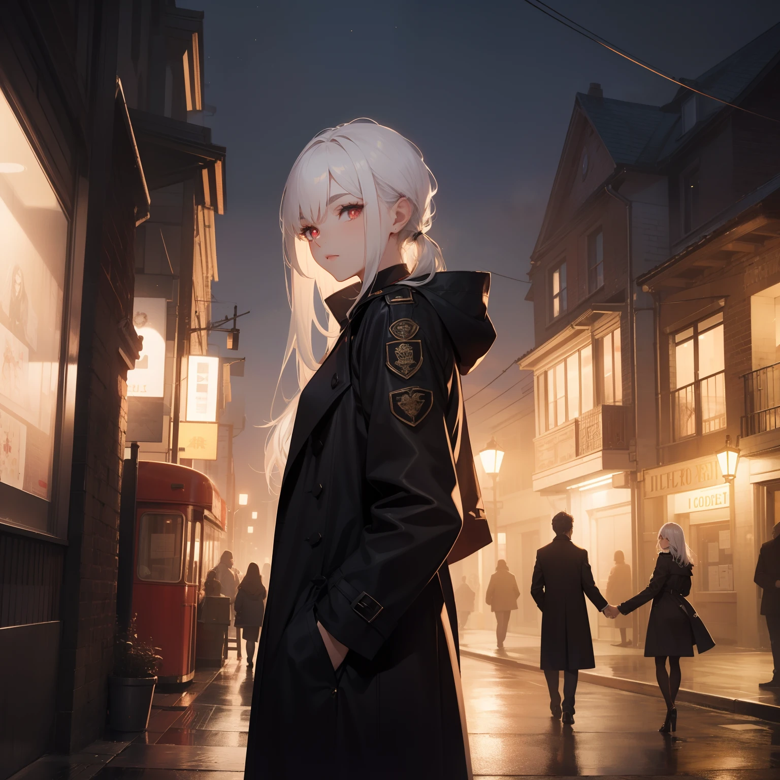 "A tall girl with red pupils, wearing a black trench coat and a formal suit. She has long white hair that reaches her eyebrows, big breast, with well-defined lines. The background is set at daytime, another young boy hold hand."