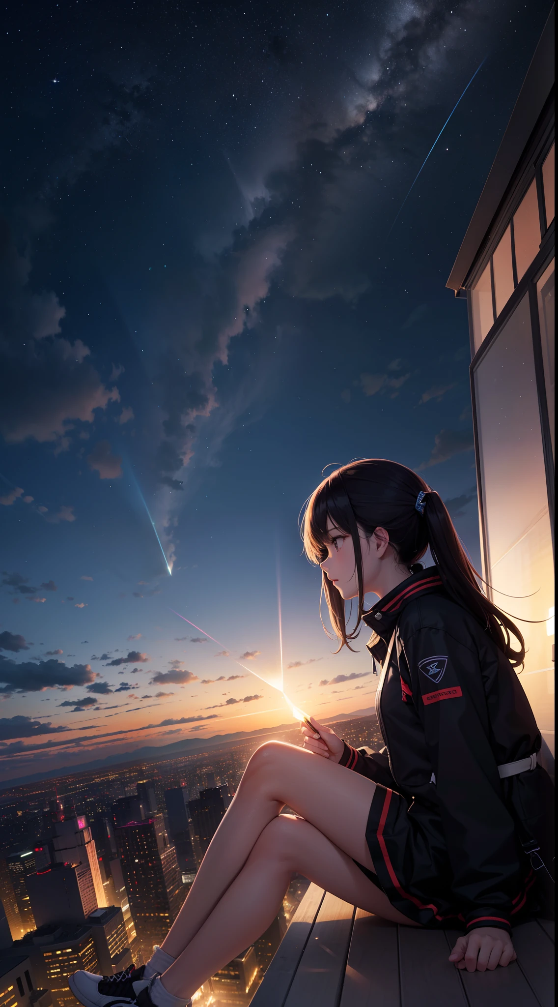 1 girl,En plein air, Evening, Starry sky, Panoramic view, scenery, horizon, Roof, sitting on rooftop, Wind, Different dimension, cmyk, HSV, ProPhoto RGB, palla, Star prism, Hypercube, Hyperprism, Super rings, Flexible polyhedron, klein bottle