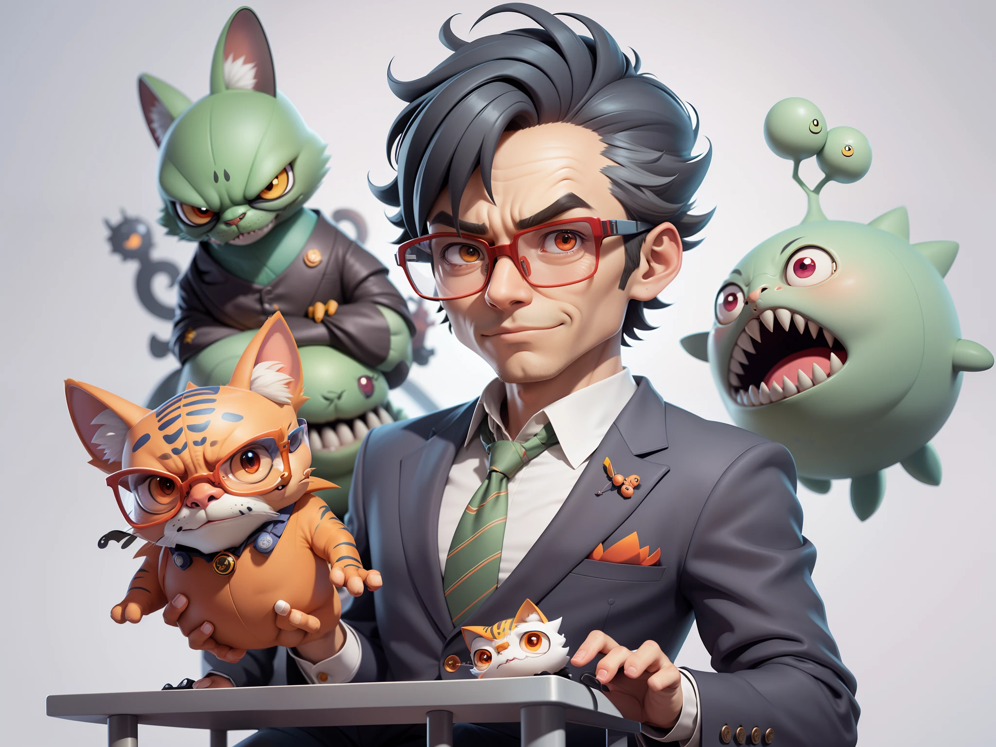 A young man in a suit, Short hair and glasses sat at his desk，holding laptop，digitial painting，tigre，3D character design by Mark Clairen and Pixar and Hayao Miyazaki and Akira Toriyama，4K HD illustration，Very detailed facial features and cartoon-style visuals。