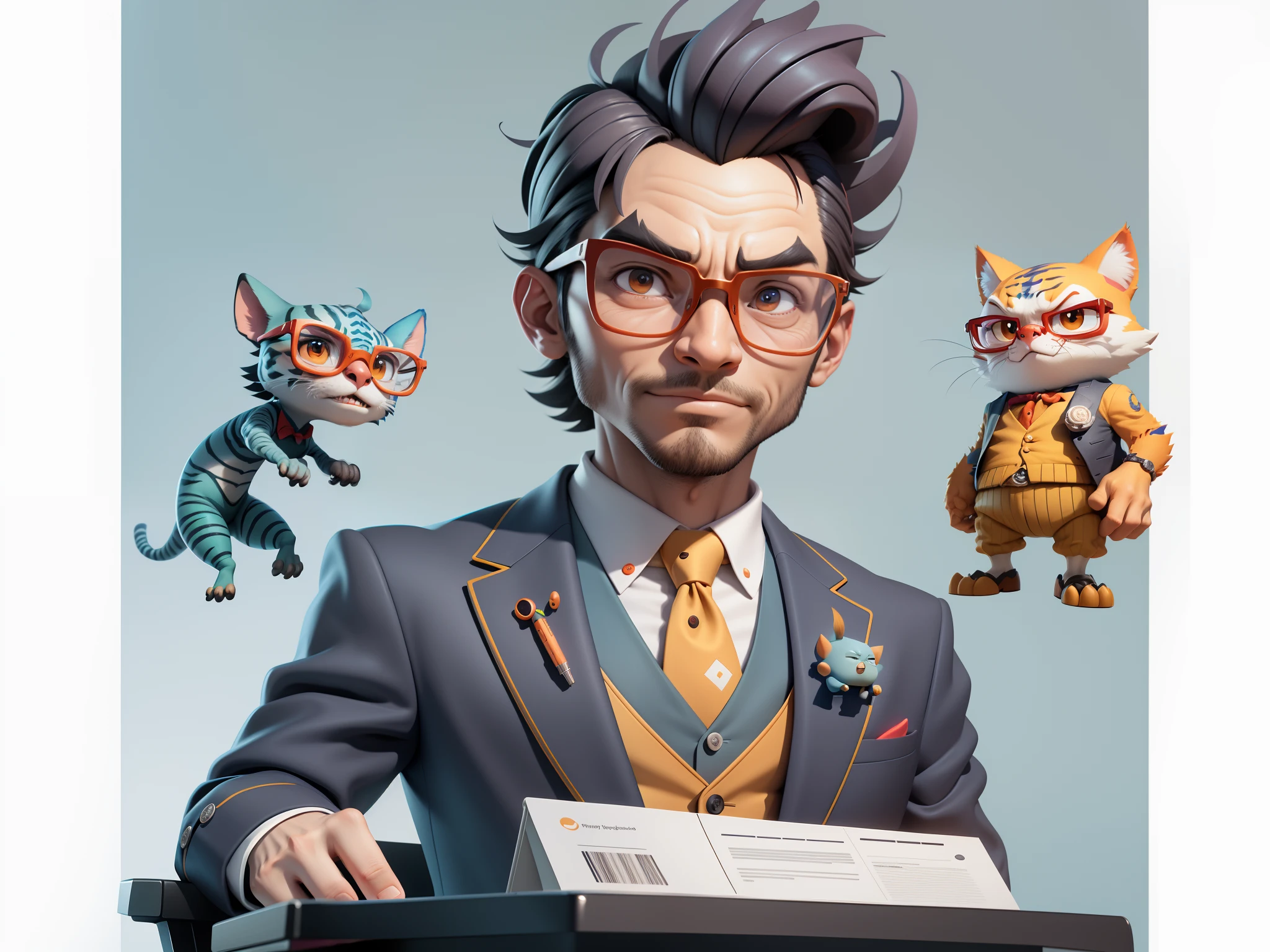 A young man in a suit, Short hair and glasses sat at his desk,holding laptop,digitial painting,tigre,3D character design by Mark Clairen and Pixar and Hayao Miyazaki and Akira Toriyama,4K HD illustration,Very detailed facial features and cartoon-style visuals。