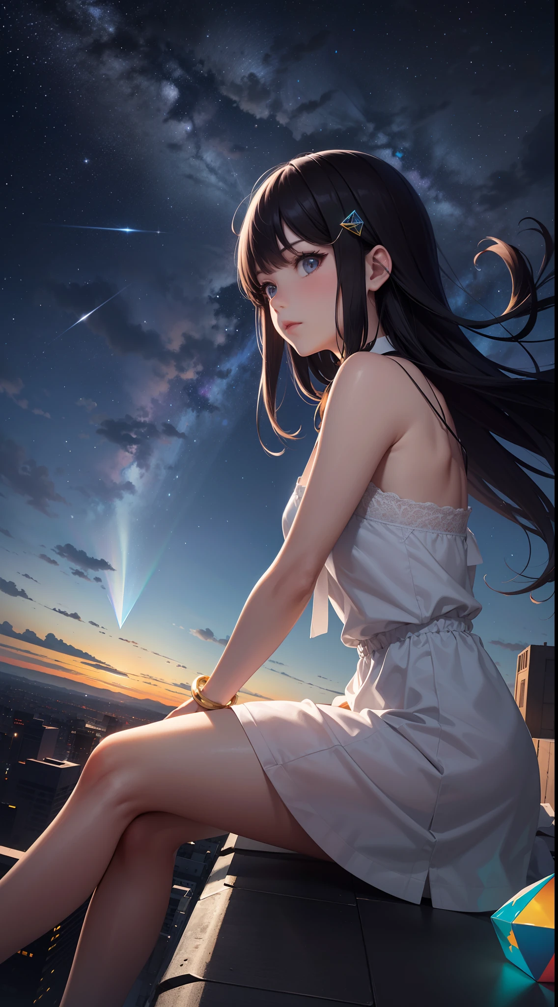 1 girl,En plein air, Evening, Starry sky, Panoramic view, scenery, horizon, Roof, sitting on rooftop, Wind, Different dimension, cmyk, HSV, ProPhoto RGB, palla, Star prism, Hypercube, Hyperprism, Super rings, Flexible polyhedron, klein bottle