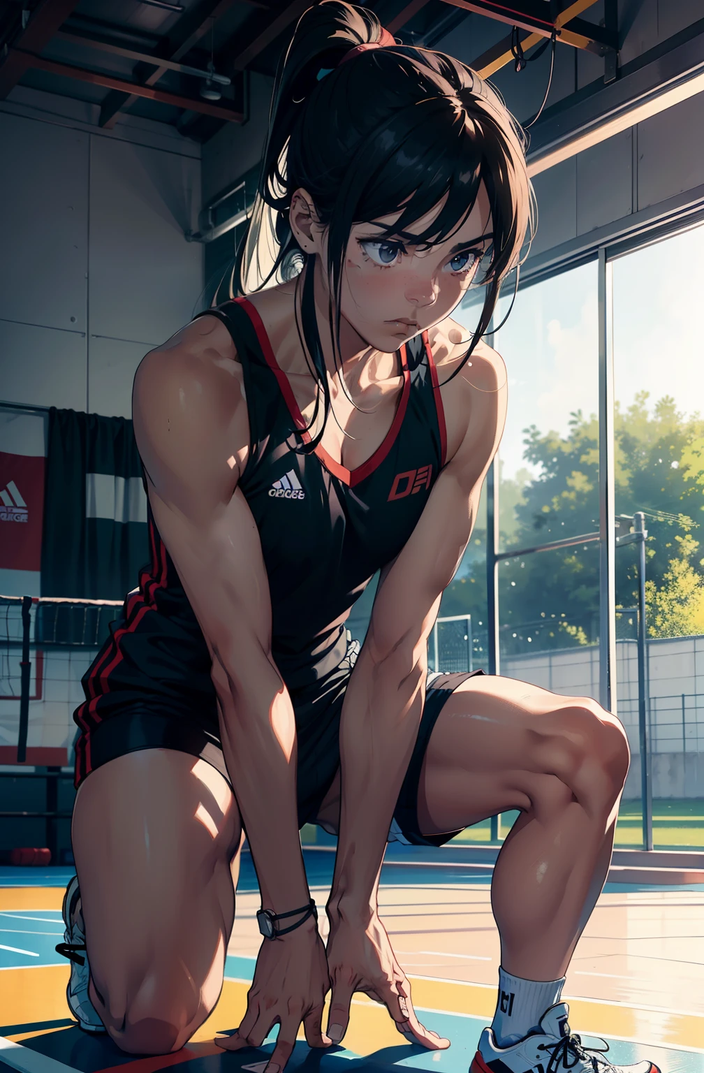 "Por favor, Create an image that captures the essence of a volleyball athlete's physical preparation. A cena deve retratar o jogador em um ambiente de treinamento, with an emphasis on exercises that emphasize your agility, Strength and endurance. The expression of focus and determination on the athlete's face should convey the seriousness of the training as he prepares to face the challenges of the court." 8k,16k pulando corda