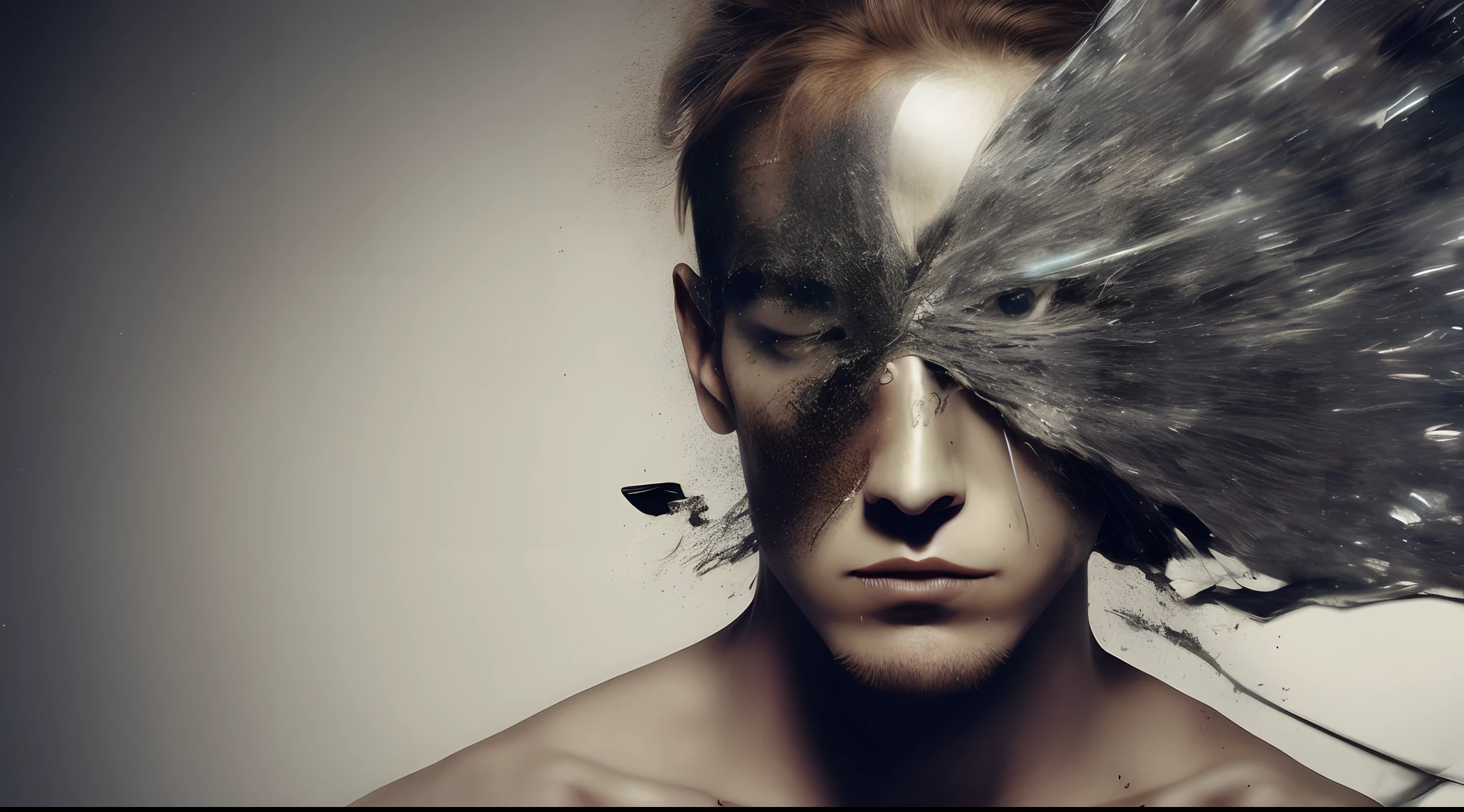 Man with broken head and broken glass on face, Ogiva explosiva, machine parts embedded into face, volatile, inspirado em homem negro de 25 a 30 anos, dramatic artwork, photomanipulation, photo manipulation, Disintegration, headbang until your brain bleeds, explosion of data fragments, zumbido, arte oficial, incrivelmente alto detalhou, arte do photoshop, Noise effect