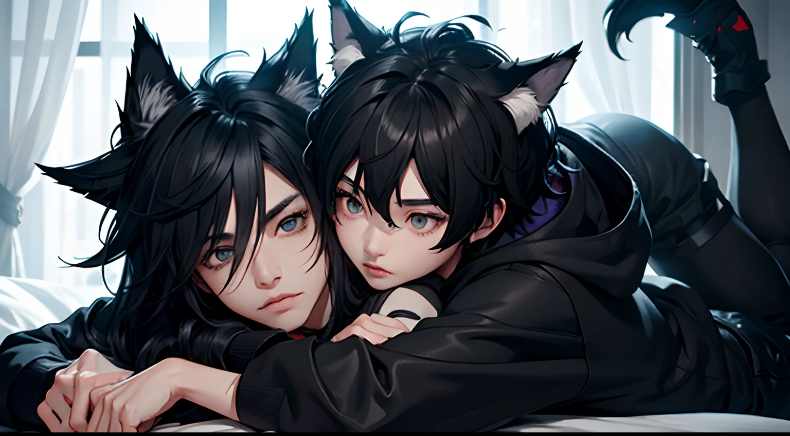 2boy、Toned、sharp big wolf ears、Wolf tail、black messy hair、wide and very bright black eyes、hard disk、masterpiece、with a vibrant、Slim Dark Crop Top Hoodie、full-body view、Trendy hair、the kiss、Love