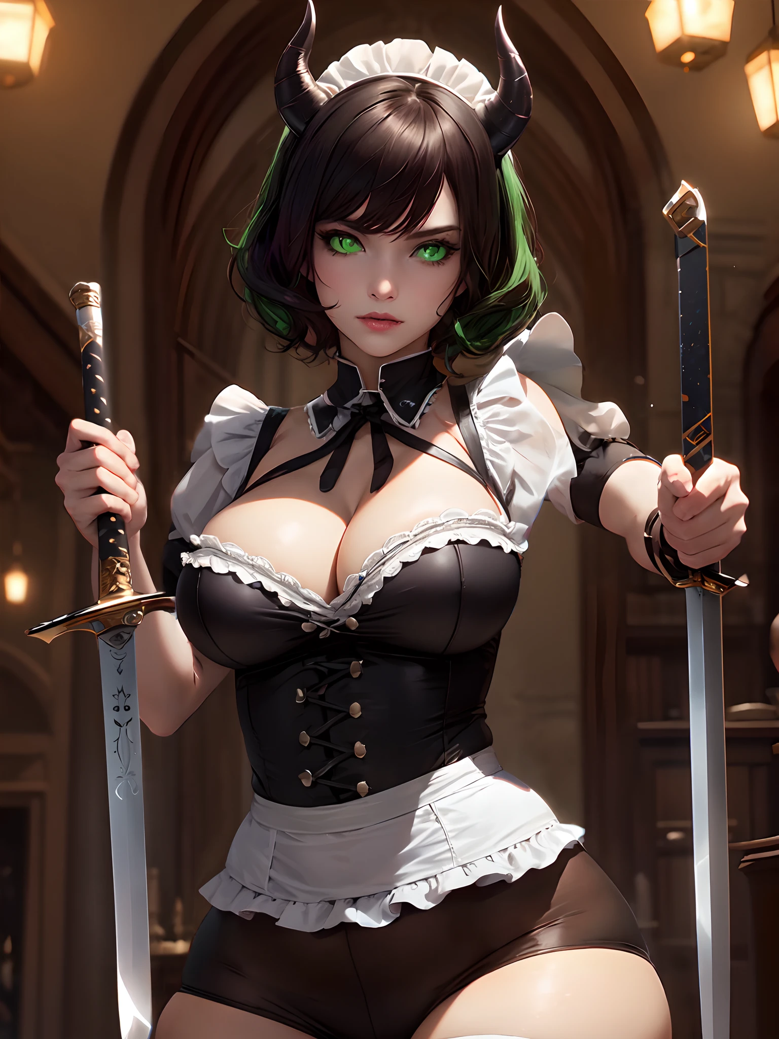 french maid uniform, cleavage, huge breasts, narrow waist, thicc tights,