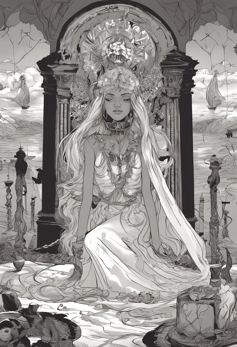 ((melhor qualidade)), ((piece of master)), ((rosto perfeito)), uma menina inocente com cabelo preto, wearing flawless white dress, ajoelhado em frente a uma mesa mais baixa, segurando uma vela, Doing a Satanic Ritual, luzes de arrefecimento, um monstro nas sombras da sala