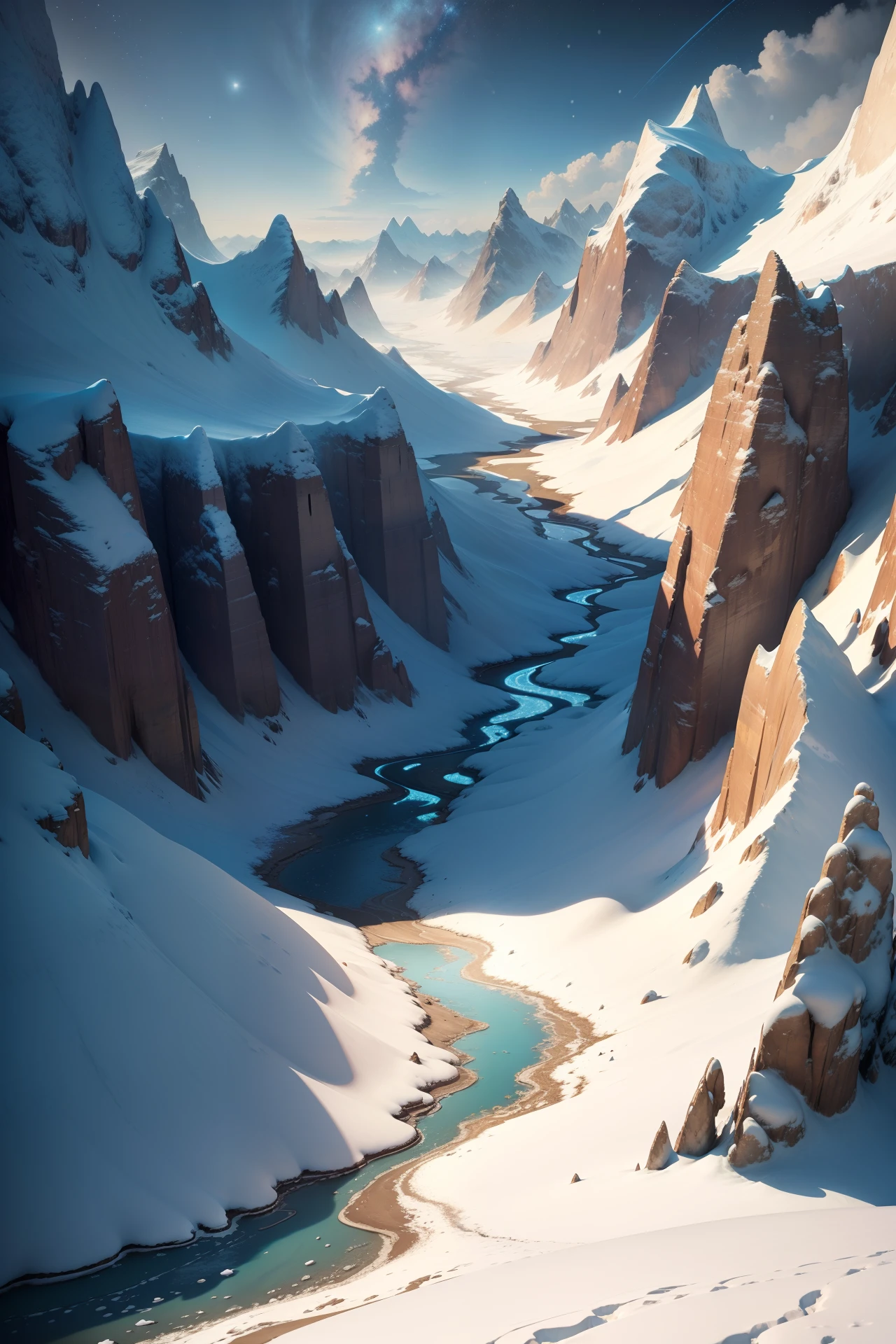 {{{masterpiece}}}, {{the best quality, super fine illustrations, beautiful and delicate water}}, {{very delicate light}}, {{nature, painting}}, {{fine lighting, more transparent stars, high-quality snowflakes, high-quality mountains, very fine 8KCG wallpapers}}, (plateau), (((snow mountain))), sunrise, randomly distributed clouds, (snow field), cliff, ((rotating star sky)), ((lake in mountain stream)), luminous particles