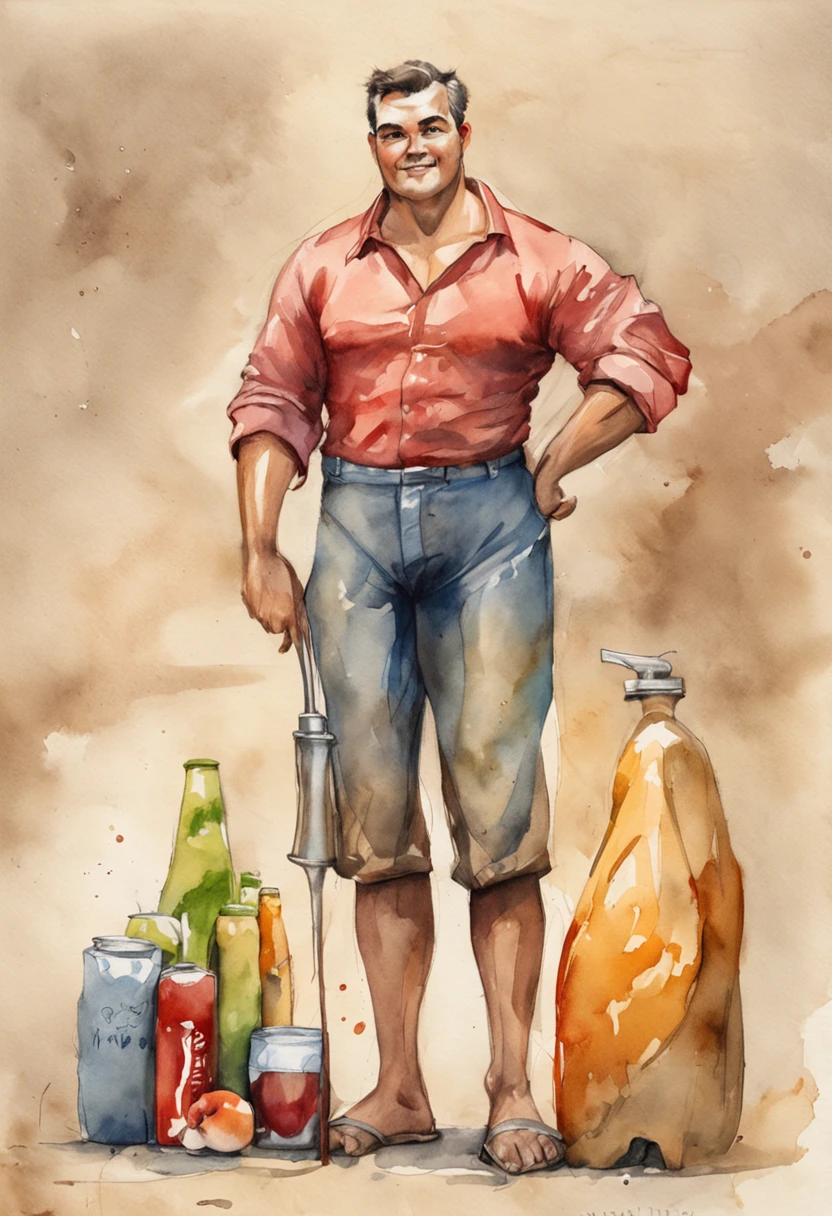 sketch, there is a man standing next to a box of apples, fat figure, full figure, juanmao, juice, farmer, scale model photography, daz, sofubi, heavy vignette!, photorealistic full body, figures, close full figure, highly detailed figure, cider-man, 1 figure only, painted action figure illustration iridescent,  full stocky body, completely naked, totally , no clothes, sans clothing, au natural, covering crotch with a white towel, bare butt, crowded gym shower with spraying showers and showering men in background, pastels, by harry bush, James Montgomery Flagg and Lois van Baarle and jim french and rossdraws, detailed realistic eyes, big bare feet, large bulge in crotch, very handsome, beautiful