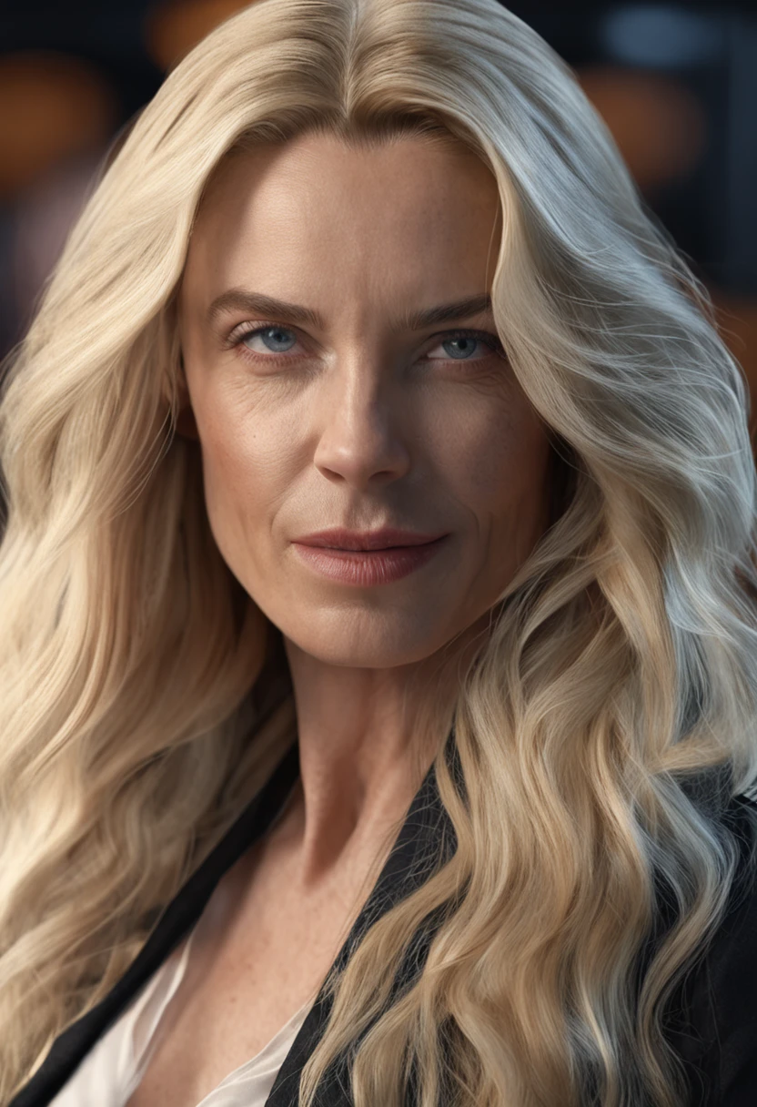 Female Leader, Long straight blonde hair, in a thin and elegant suit, frontal view, Very detailed, 35 years old, natural wave hair, blue eyes, hight resolution, Masterpiece, Best Quality, intricate details, Highly detailed, sharp-focus, detailed skin, realistic skin texture, texture, A detailed eye, Professional, 4k, Canonical shooting, 85mm, Shallow depth of field, Kodak Vision Color, a perfect fit body, Extremely detailed, photo_\(ultra\), Photorealistic, Realistic, postprocessed, max detail, roughness, Real life, ultra realistis, photo realism, photografic, 8K UHD, photografic (film grains) Medium shot for close-up shots, atmospheric dark lighting