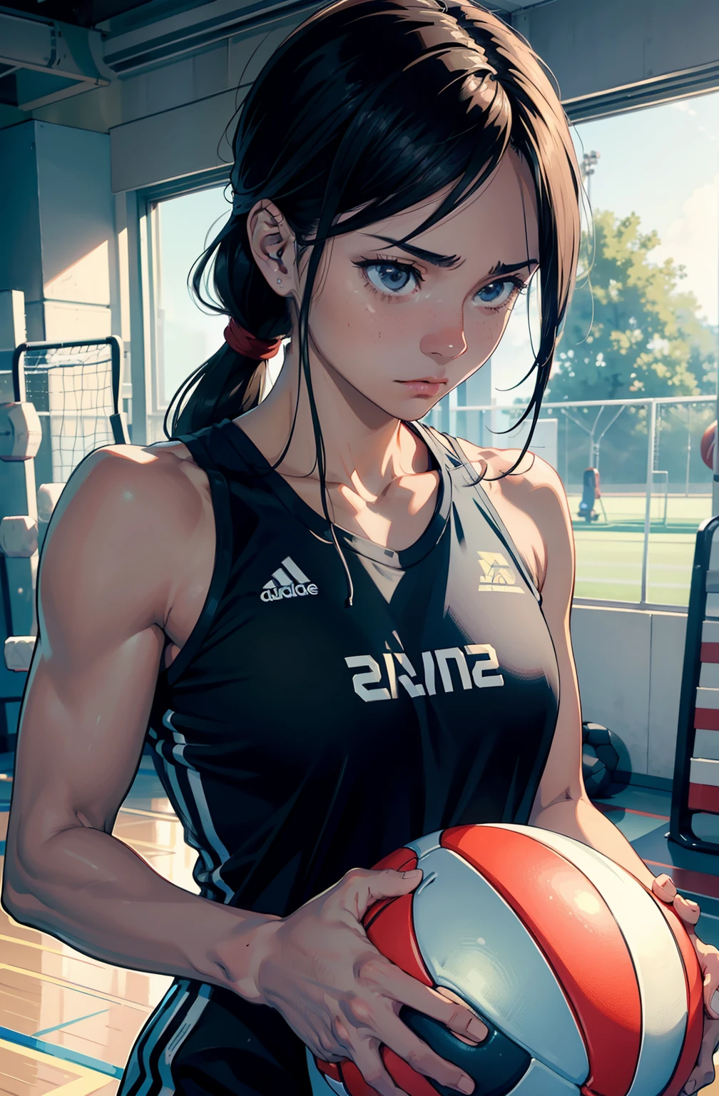 "Por favor, Create an image that captures the essence of a volleyball athlete's physical preparation. A cena deve retratar o jogador em um ambiente de treinamento, with an emphasis on exercises that emphasize your agility, Strength and endurance. The expression of focus and determination on the athlete's face should convey the seriousness of the training as he prepares to face the challenges of the court." 8k,16k pulando corda