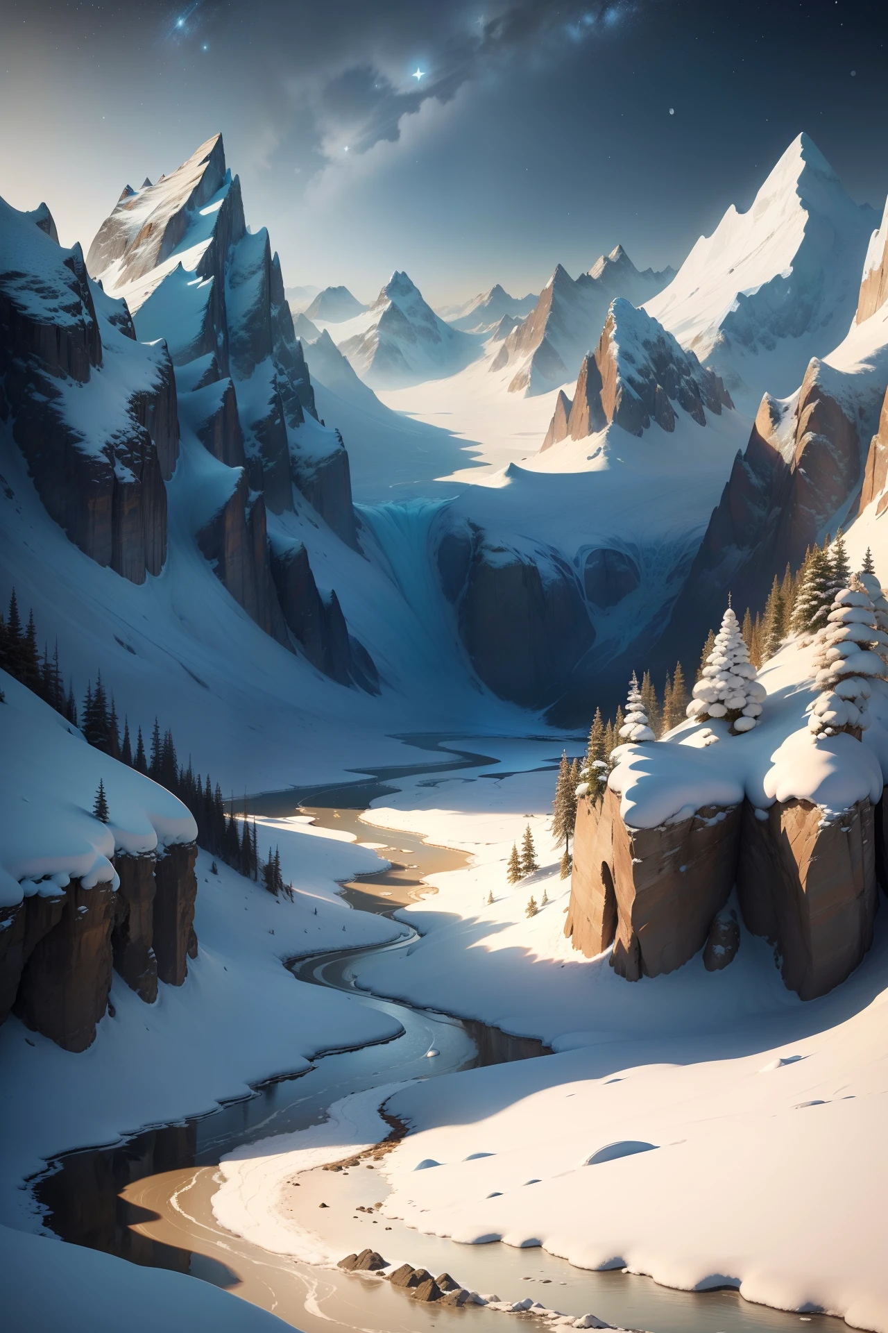 (Best Quality,4k,8K,high resolucion,Masterpiece:1.2), detailed,(realisitic,Photorealistic,Realistis:1.37), wintery, View from the top of a sheer cliff, Cloudy and hazy weather and air, low contrast lighting,