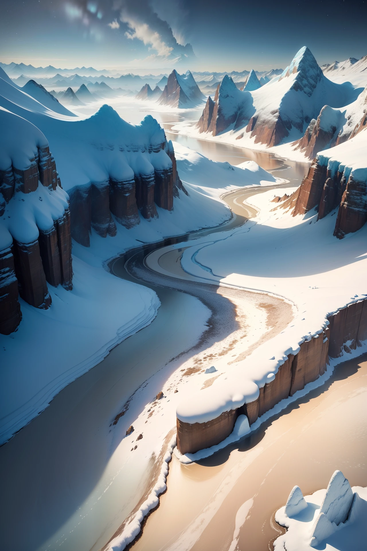 {{{masterpiece}}}, {{the best quality, super fine illustrations, beautiful and delicate water}}, {{very delicate light}}, {{nature, painting}}, {{fine lighting, more transparent stars, high-quality snowflakes, high-quality mountains, very fine 8KCG wallpapers}}, (plateau), (((snow mountain))), sunrise, randomly distributed clouds, (snow field), cliff, ((rotating star sky)), ((lake in mountain stream)), luminous particles