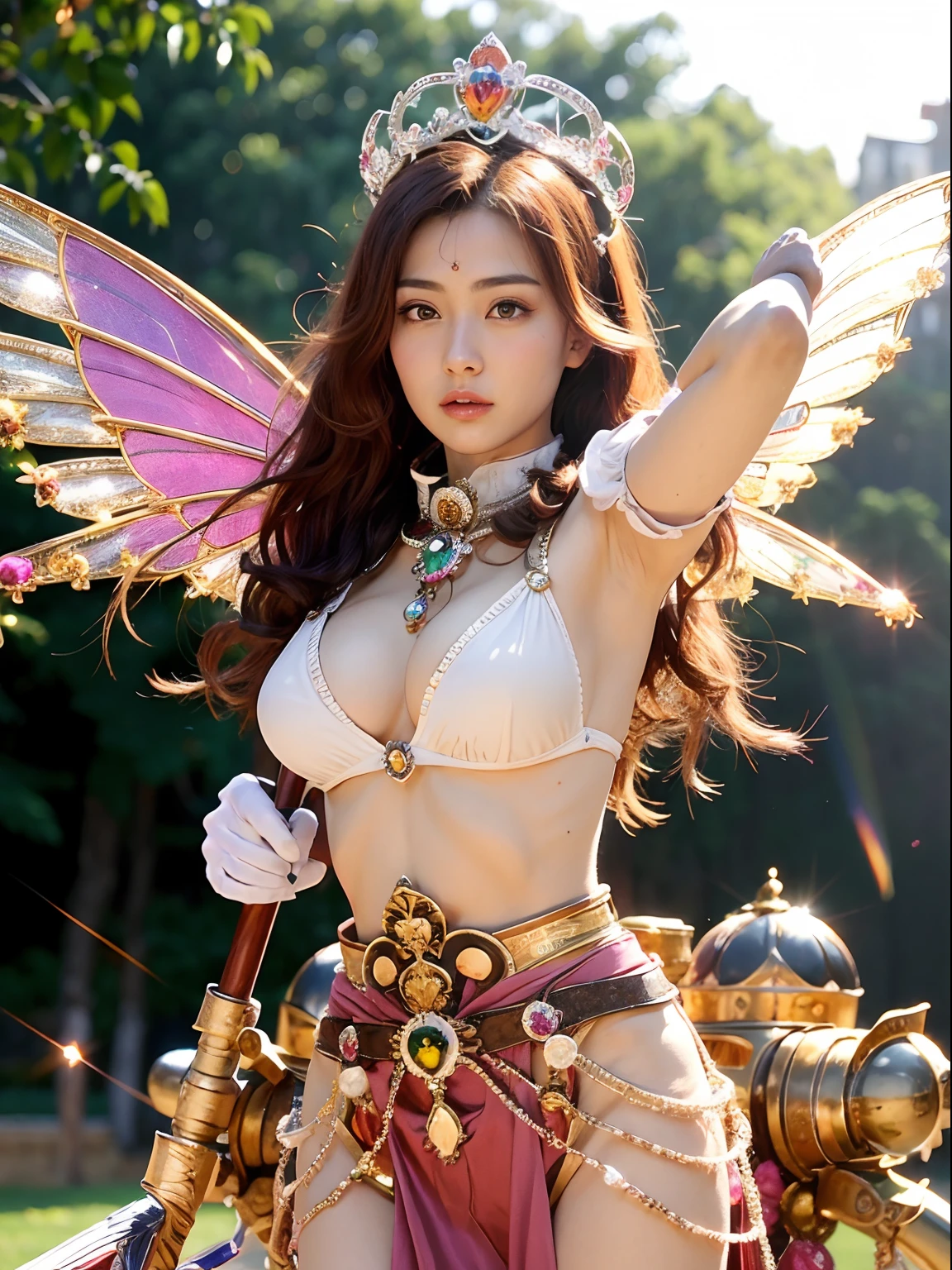 (masutepiece), Professional , ​masterpiece、top-quality、photos realistic , depth of fields （Gemstone White Metal Body:1.９),(Matte White Pink、Jewel Gold Weapon、（Gorgeous castle background）、（ultimate beauty girl）、（Rainbow fairy wings grow）、Particles of light、（Metal body of iridescent gemstones:1.９),Gorgeous Jewel Metal Weapons ,（maikurobikini）、 Detailed Sword of the Brave ,（ Pink hair）   ,warhammer 40k , adepta sororitas,Detail and ornate jewel crown、独奏、Brown hair、Mystical expression、cleavage of the breast、（Gangle's forest background）、Beautiful Caucasian beauty、１a person、dynamic ungle,(((Diamond tiara with detail and luxury)))、a small face、Powerful poses、（Gorgeous castle background）、huge filesize、20 year old beautiful woman、Stand in the center of the screen、Thin female fingers、Straight long hair、Beautiful Caucasian beauty、（maikurobikini）、Hair fluttering in the wind、face forwards、Look at viewers、（Armpit）、Armpit、