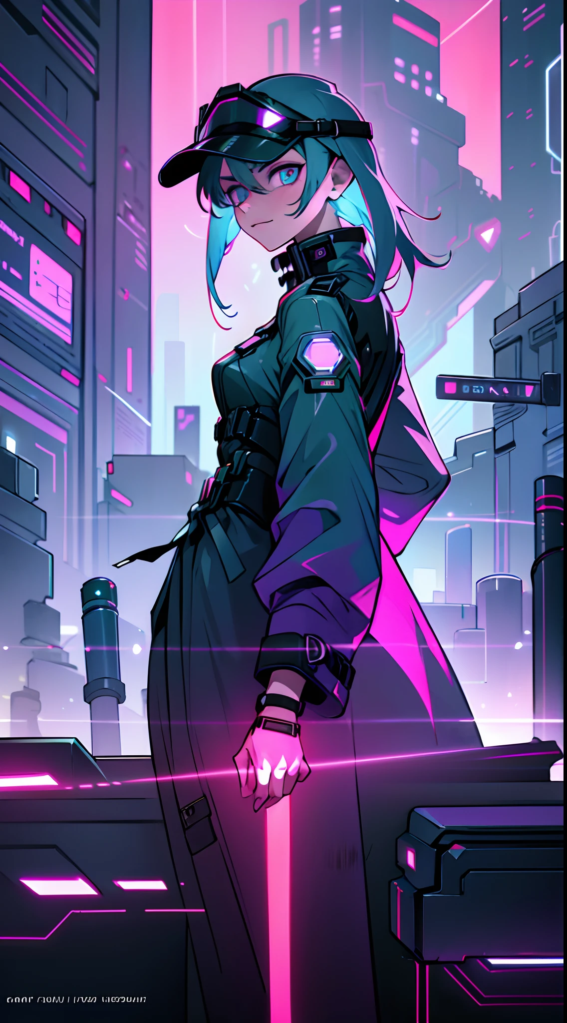 (futuristic, neon-lit, cyber-enhanced, glitched), cyberpunk artwork, top-tier augmentation, lone figure, solitary, enhanced allure, chrome-plated skin, eyes that flicker with data and meticulously designed tech features, facing forward, ((synthetic fiber trench coat)), ((retinal display visor)), locking the viewer into augmented eye contact, fingers dancing across augmented wrist interfaces, situated within a bustling technodistrict, distant holographic skyscrapers.