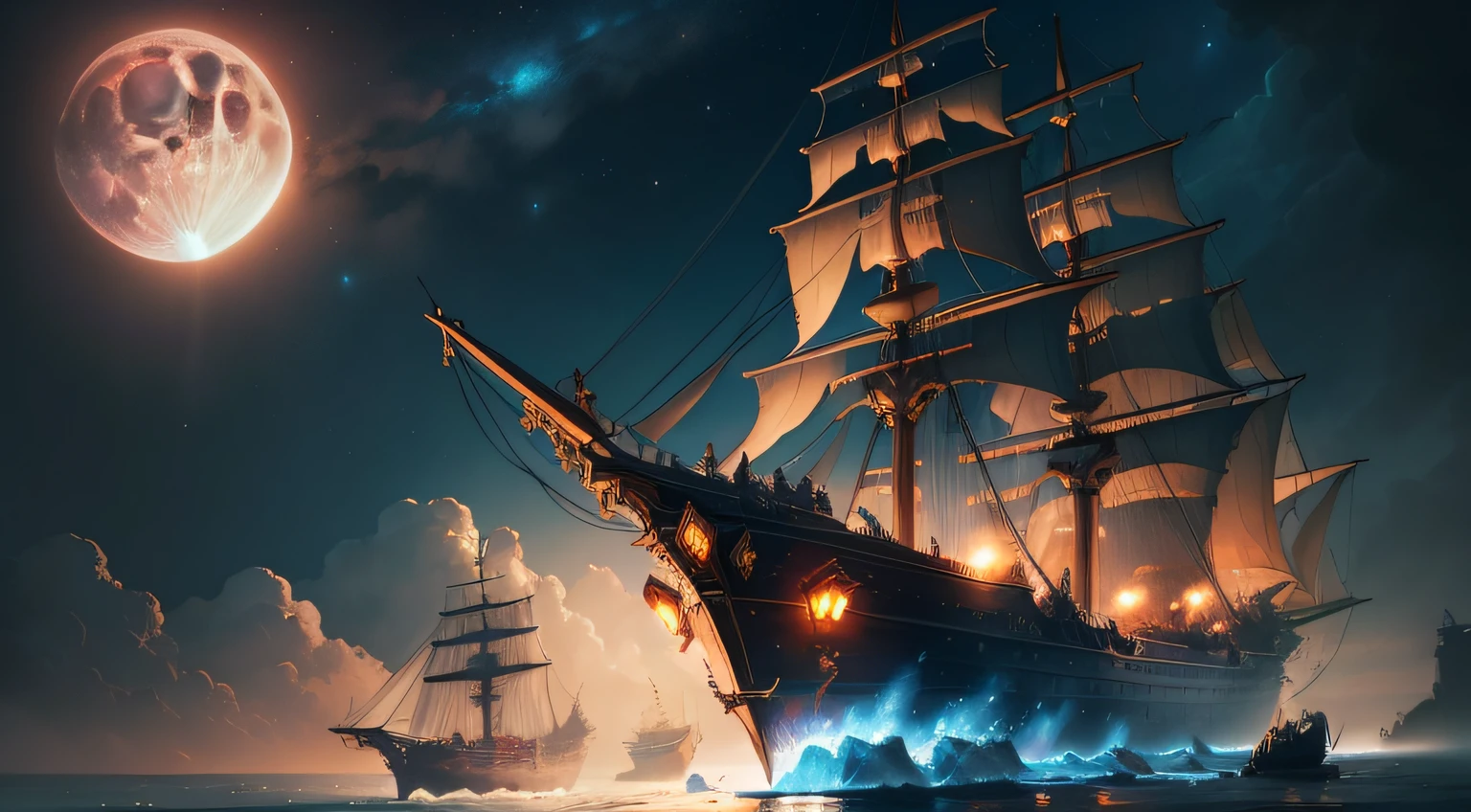 2 ships , ship battle, world of warcraft art, highly Detailed,ultra quality, tmasterpice, moon background, perfect shadow, cannons, fight , war