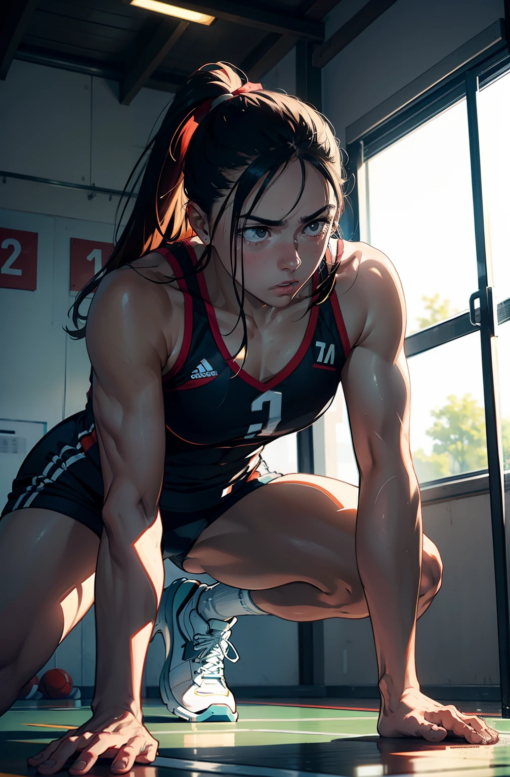 "Por favor, Create an image that captures the essence of a volleyball athlete's physical preparation. A cena deve retratar o jogador em um ambiente de treinamento, with an emphasis on exercises that emphasize your agility, Strength and endurance. The expression of focus and determination on the athlete's face should convey the seriousness of the training as he prepares to face the challenges of the court." 8k,16k pulando corda