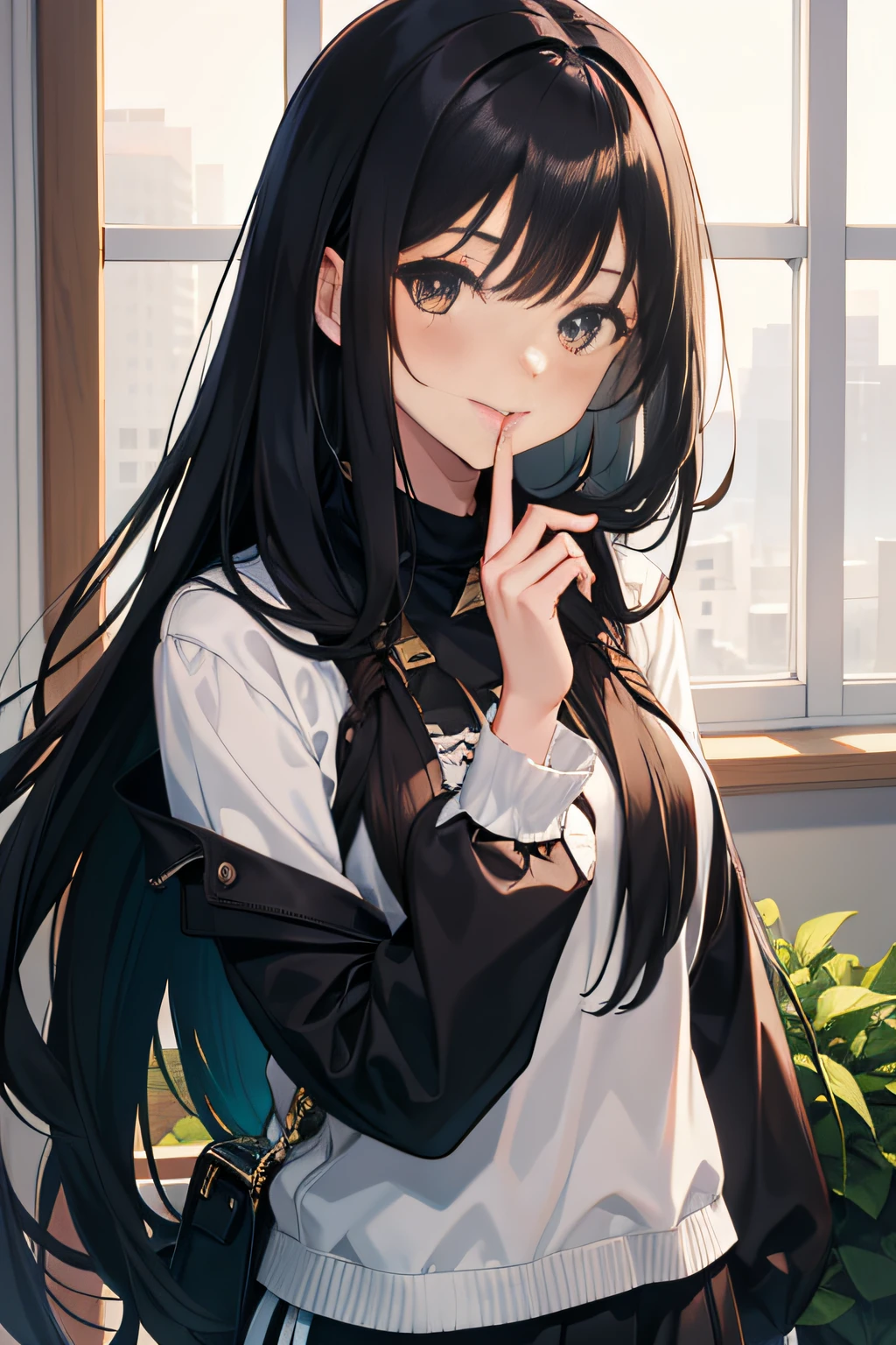 Holding a cat、Woman Covering Her Mouth、Long hair black hair、a smile