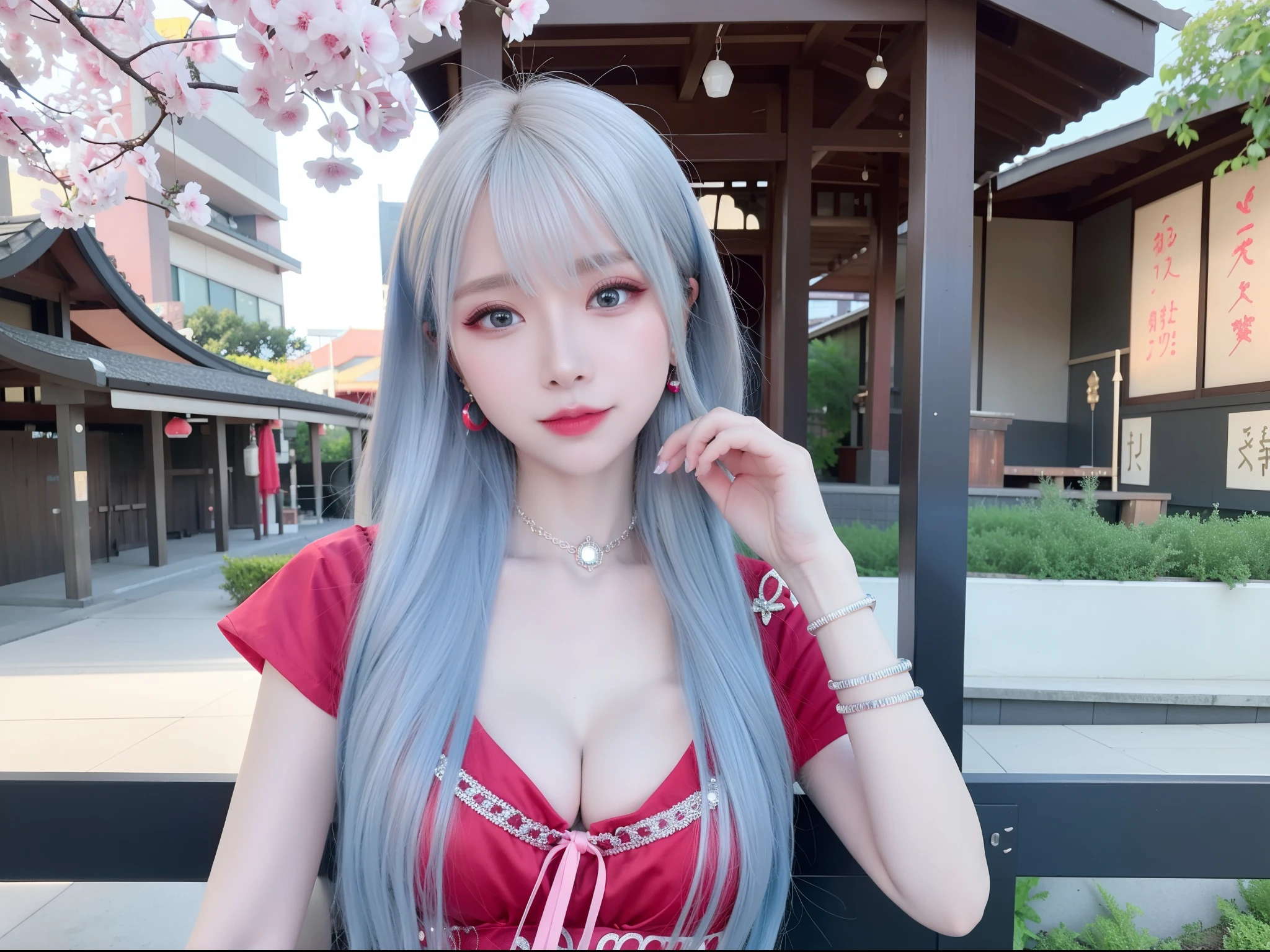 Arulin, 1girll, (Ulzzang-6500:0.01), Kpop idol, Aliga, Marie Rose,, Sexy pose,hand on the head, Underarms, Long hair, (multicolored hair:1.2),Blue|Silver_Hair, Best quality, (Photorealistic:1.2), (hair adornments:1.35), Blue eyes, extremely_Detailed_Eyes_and_face,Detailed face,Earrings, Torii, Cherry blossoms, Lantern light, Depth of field, Detailed face, Face focus, (view the viewer:1.25), Shiny skin, Smile, Thick lips, Game CG, east asian architecture, The background is blurred out, (Medium breasts), Portrait