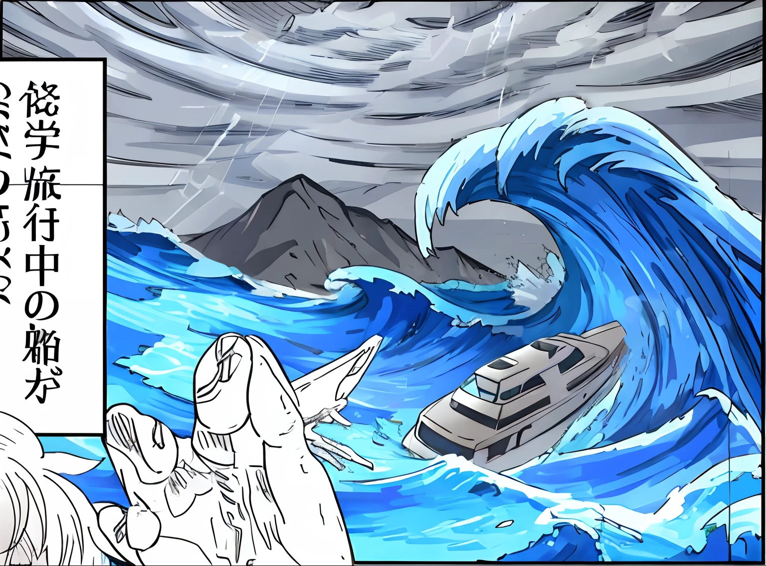 Anime scene of a boat in the stormy sea and a man on a boat, Scylla and Charybdis, the sea and storms behind him, sketch of an ocean in ms paint, In rough seas with many waves, Sea of violent storms, Rough sea in the background, tsunami behind him, Apocalyptic turbulent seas, Stylized storm, a ship lost in a storm Tsunami